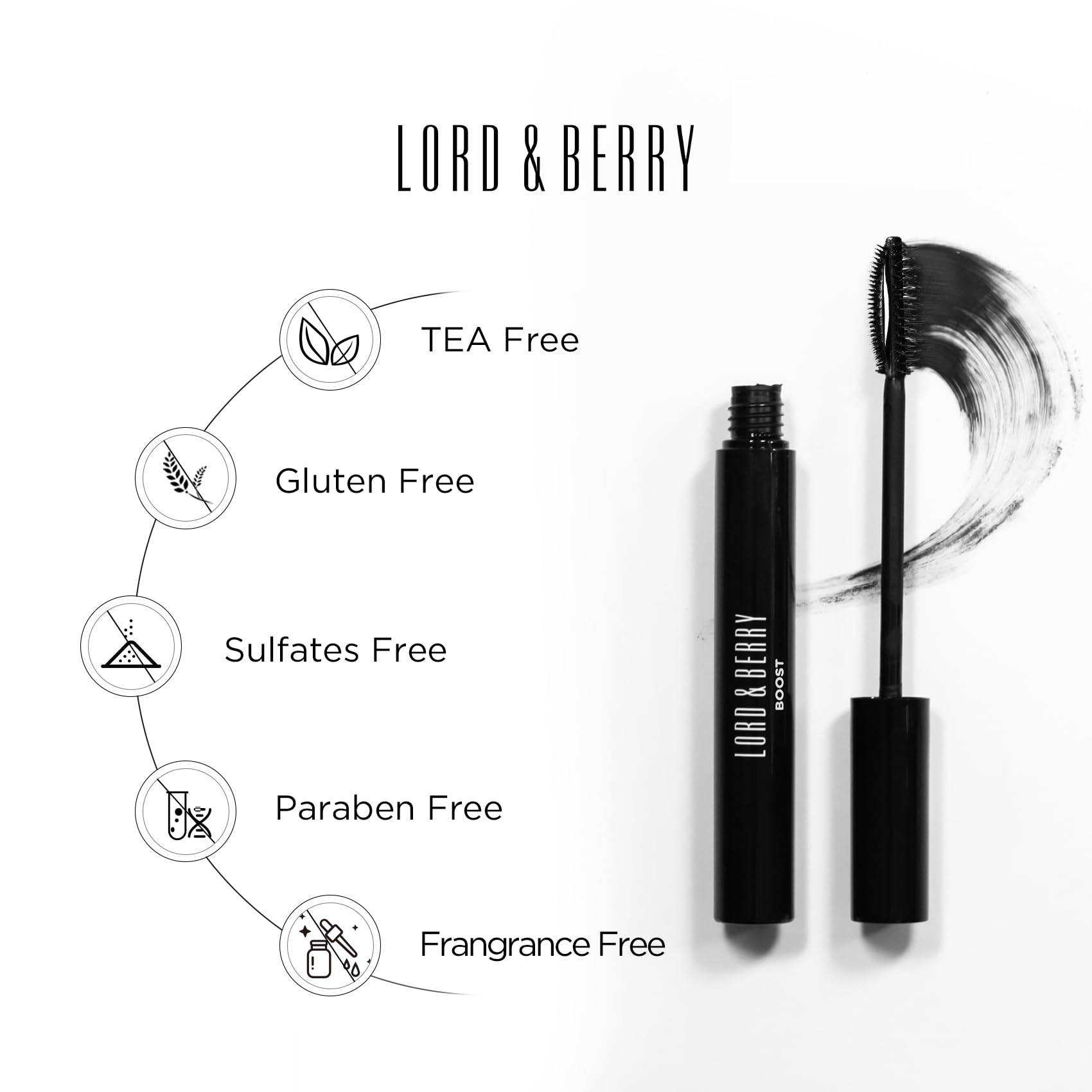 Lord & Berry Boost Treatment Mascara with lengthening and lifting formula, showcasing the black mascara wand and brush.