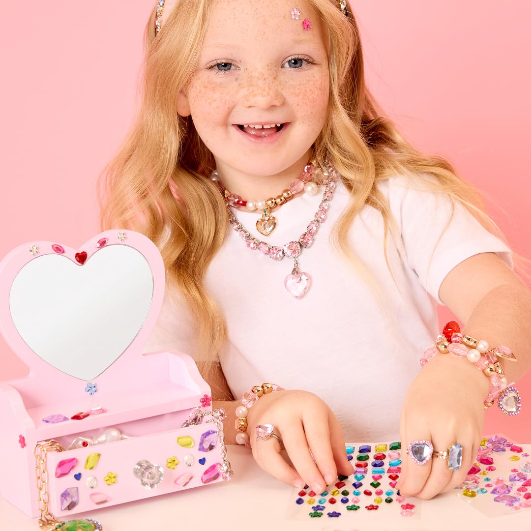 Super Smalls Mini Vanity Gemify Craft Kit | DIY Bedazzling Set with 200+ Gem Stickers | Heart Mirror & Jewelry Drawer | 