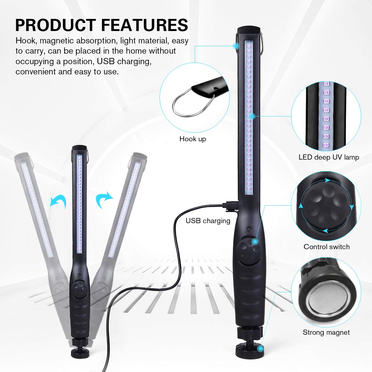 HIUPN UV Light Sanitizer, Portable UV Light Disinfection Lamp USB Rechargeable Ultraviolet Light Sanitizer for Home Hote
