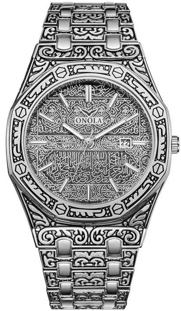 HUNRUY Retro Watches for Men Quartz Watches Tattoo Pattern Carved Stainless Steel Bracelet Waterproof Wrist Watch