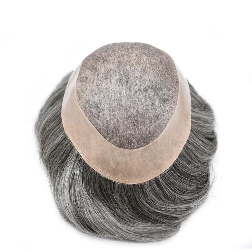 Curve Hair Mens Toupee Human Hair Piece Replacement System Monofilament Wig Hair Unit for Men Durable Poly Coated Mens Hairpiece (#1B90 Off Black+90% Gray, 6"X8")