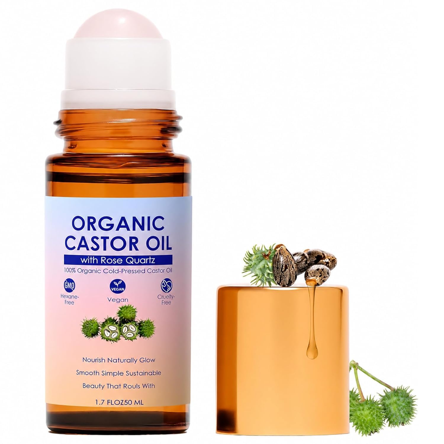 Organic Castor Oil Rose Quartz Roller Ball – 100% Cold Pressed - Product Imagery