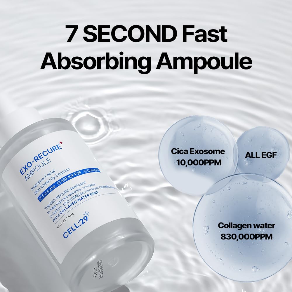 CELL29 Exo-Recure Ampoule Exosome 10,000 PPM Collagen Water Fast Absorption Deep Hydration Rejuvenation Anti-Aging Glass