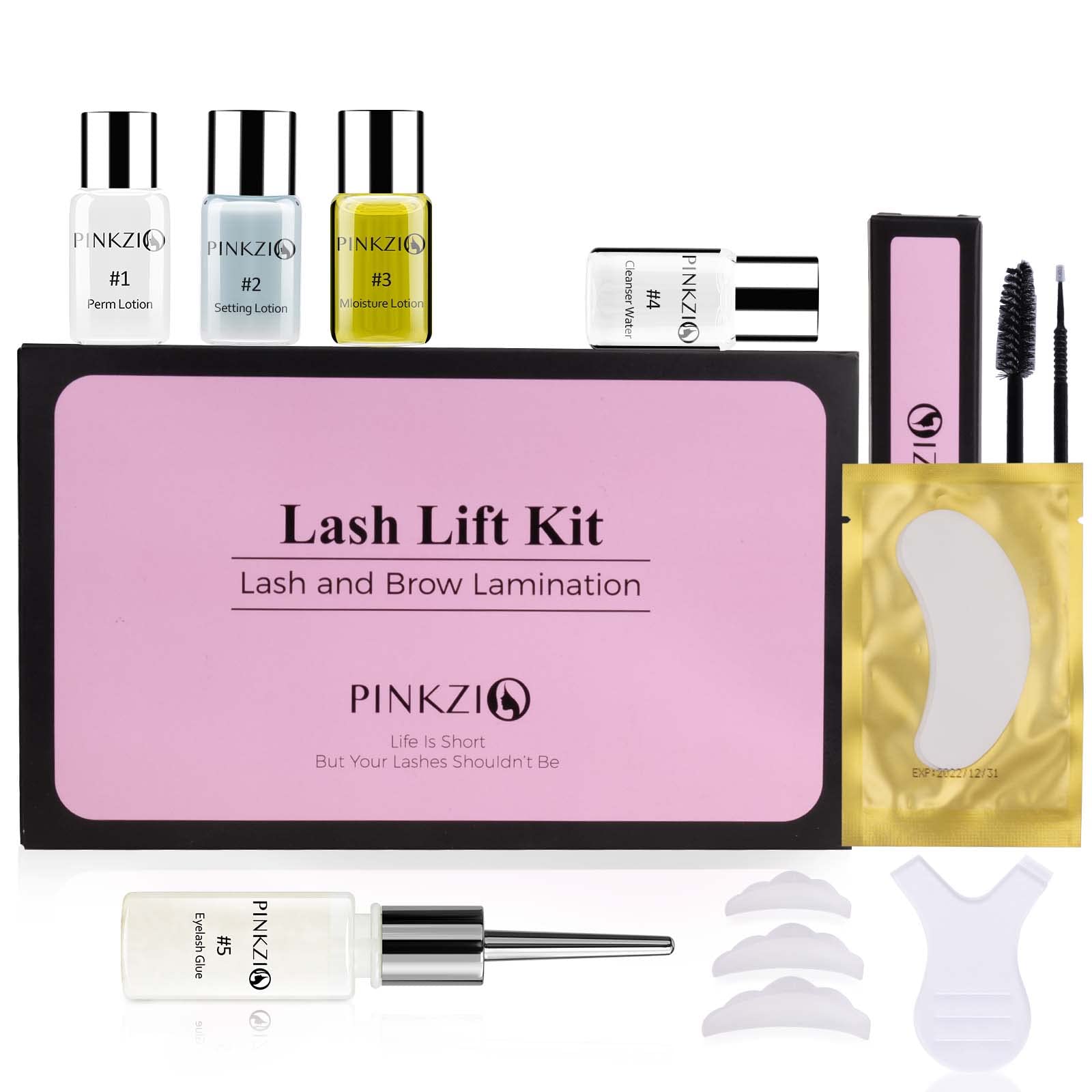 Pinkzio eyelash curler kit with lash lift tools, glue, and semi-permanent formula, designed for natural lash curling at home or salon.