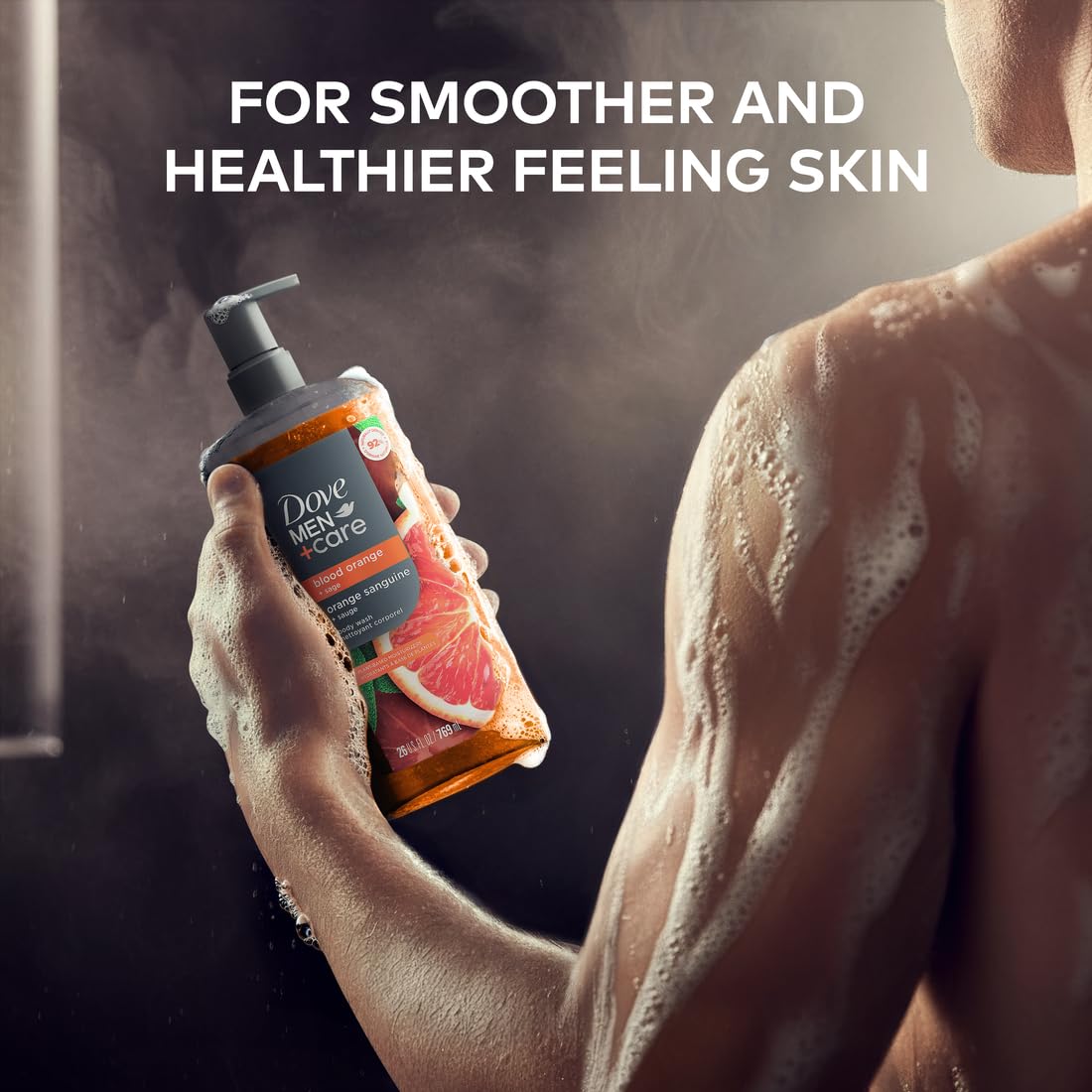 Dove Men + Care Moisturizing Body Wash with blood orange and sage scent in a 26 oz bottle showing the product label