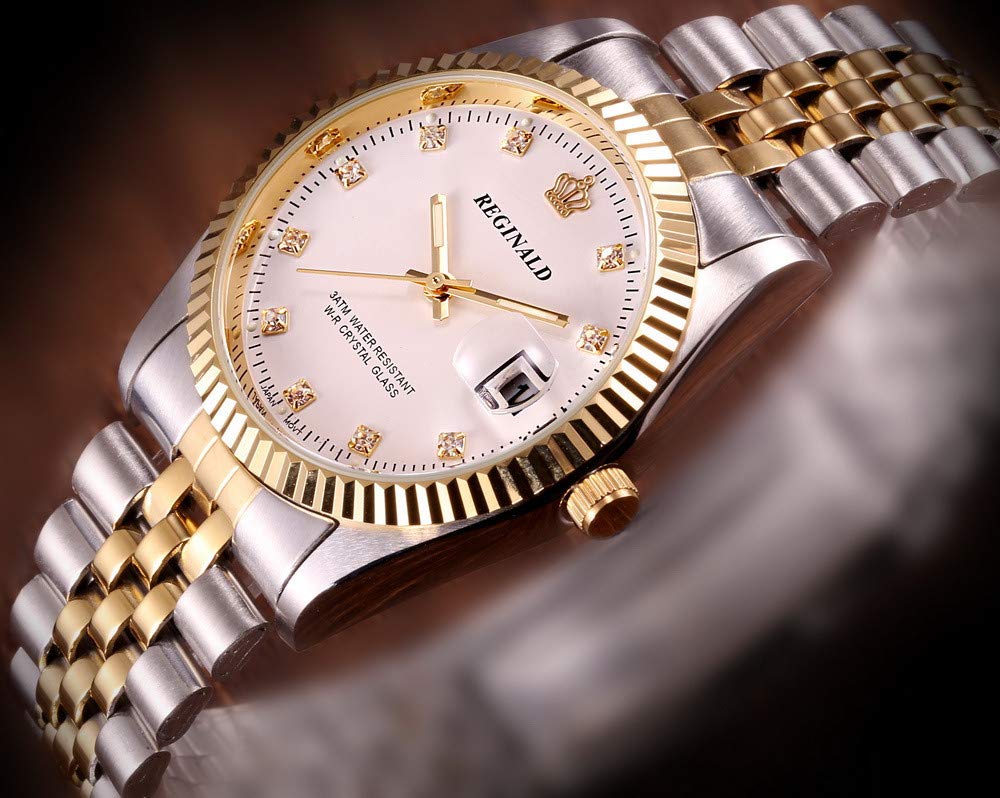 FANMIS Luxury Unisex Gold Crystal Quartz Calendar Gold Tone Stainless Steel Watch (White) – close-up detail in Silver