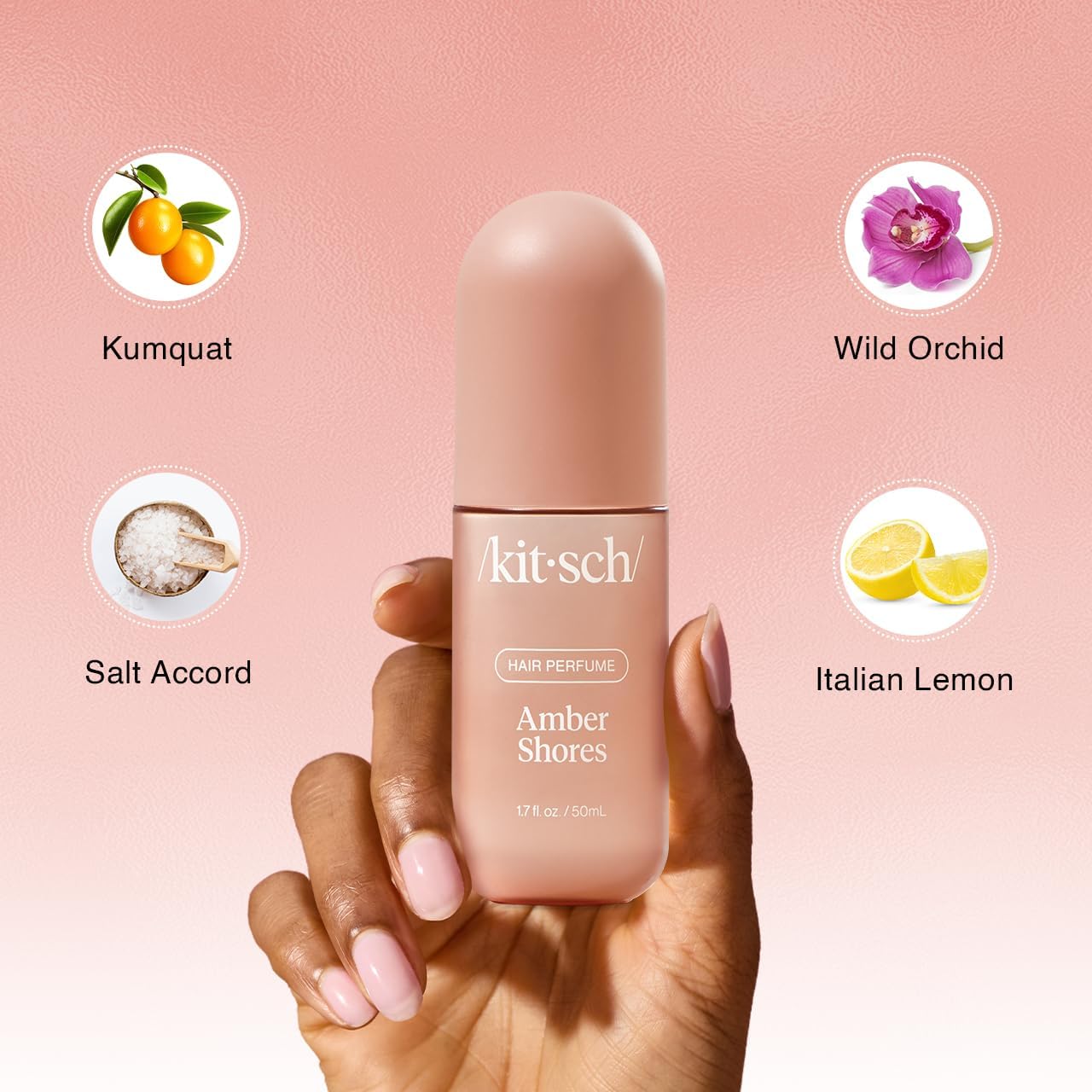 Kitsch Amber Shores hair perfume bottle for women, 50mL, featuring a stylish design and warm, amber floral scent.