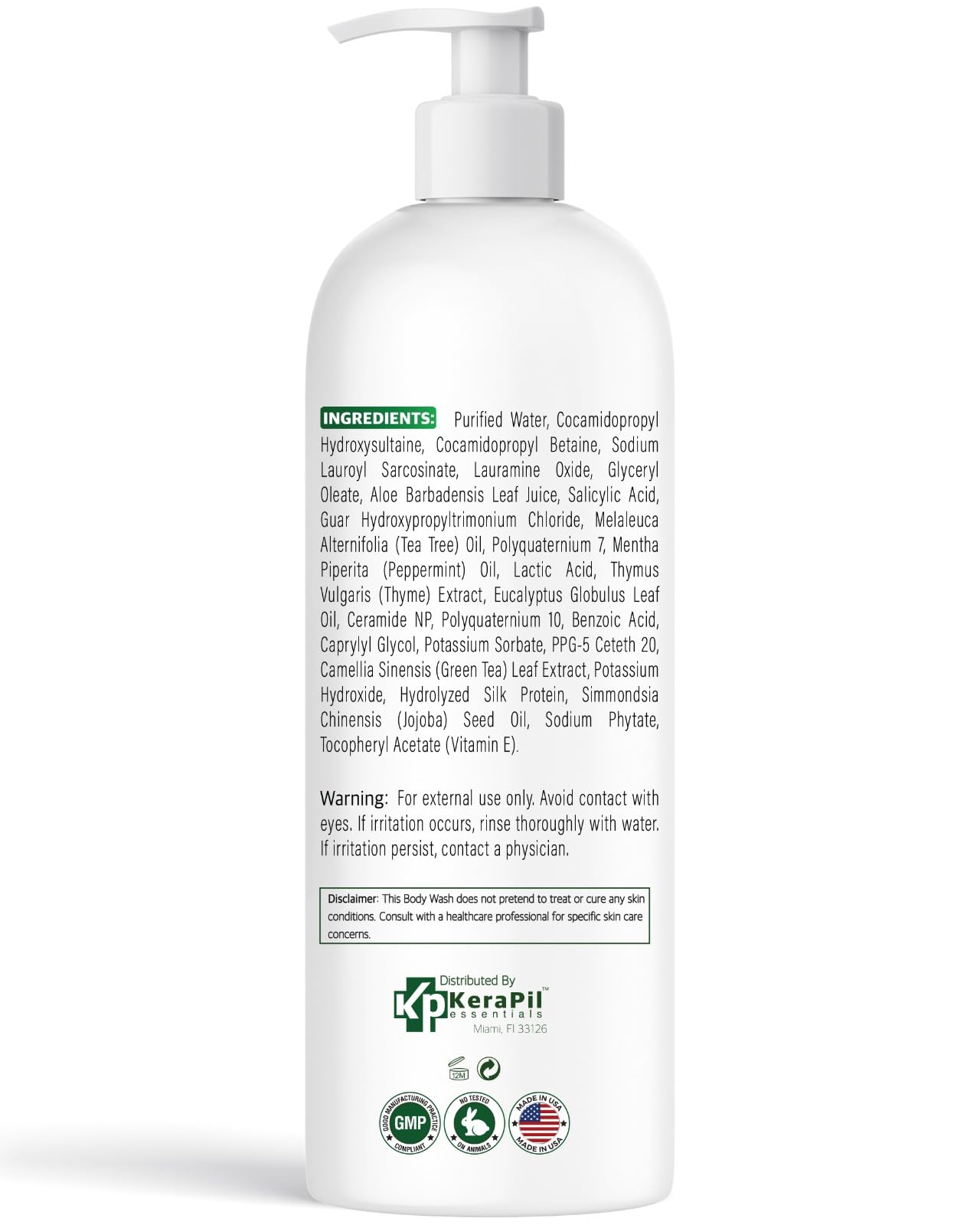 Kerapil Tea Tree Oil Body Wash in 16 fl oz bottle, natural skin cleaning agent with tea tree oil for refreshing skin.
