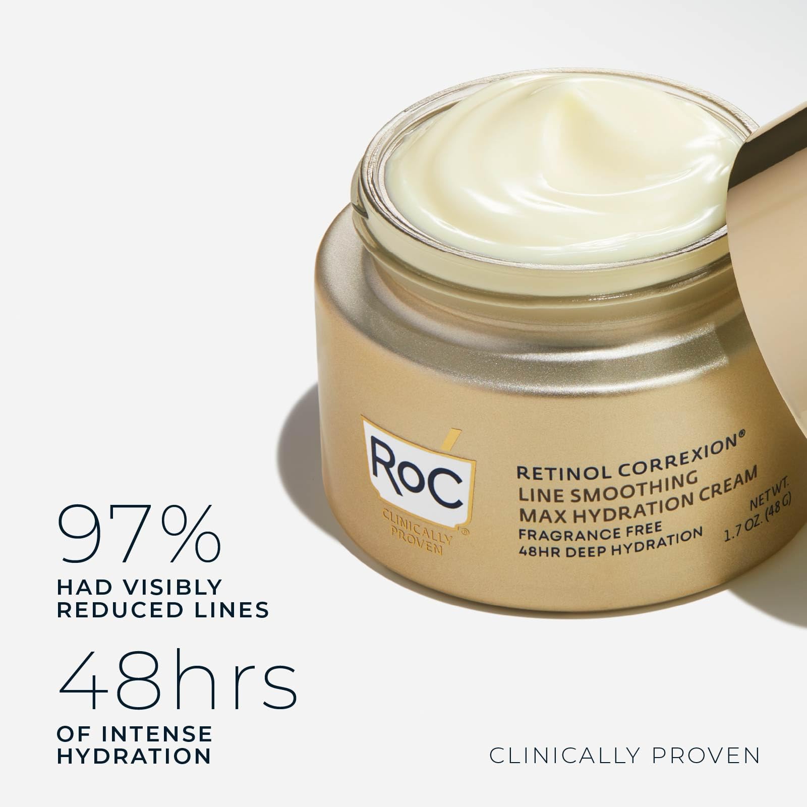 RoC Retinol Correxion Max Hydration Cream in a 1.7 oz jar, showing the moisturizer with a smooth, creamy texture for skin hydration.