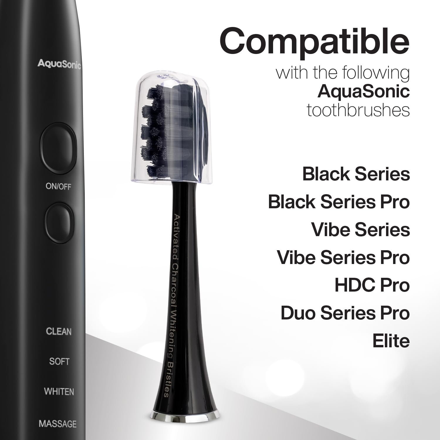 Aquasonic genuine replacement toothbrush heads for normal and sensitive teeth, black 2-pack compatible with AquaSonic toothbrush handles.