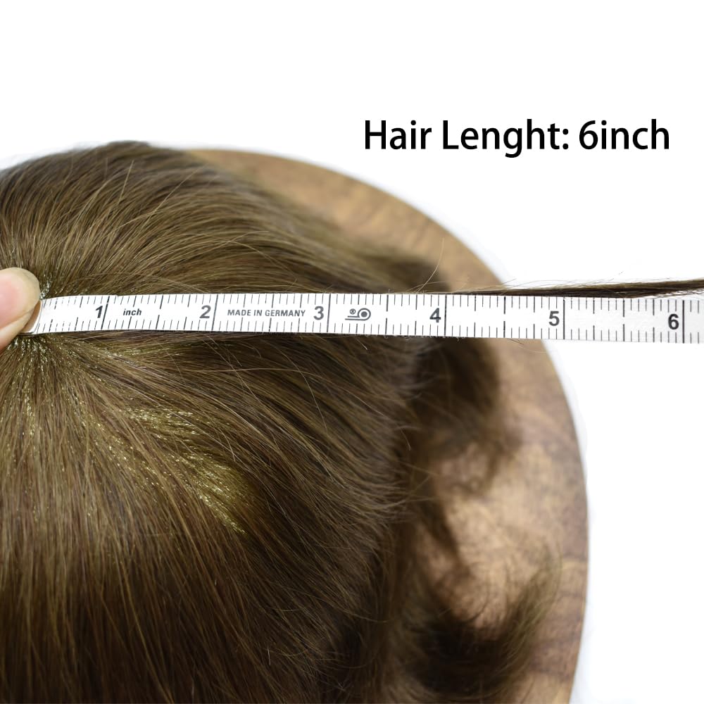 Curve Hair Mens Toupee Human Hair Piece Replacement System Monofilament Wig Hair Unit for Men Durable Poly Coated Mens Hairpiece (#7 Very Light Brown, 7"X9")