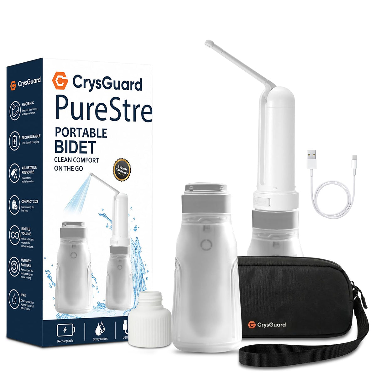 CrysGuard ( 400ml ) PureStream Portable Bidet for Travel – USB-C Rechargeable Handheld Sprayer with Bottle Adapter, 180°