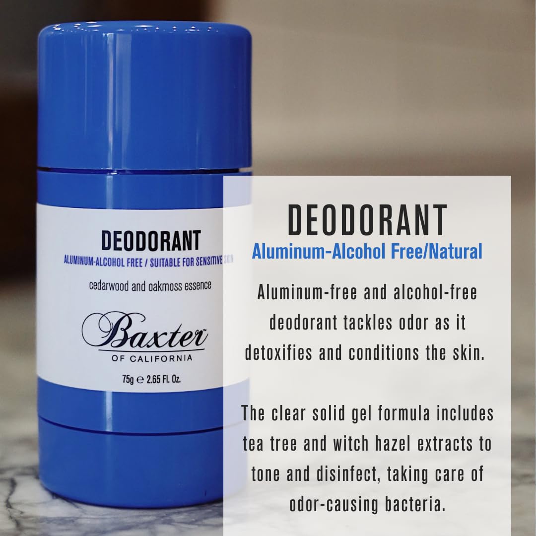 Baxter of California aluminum-free cedarwood and oakmoss body deodorant in a 2.65 oz stick, natural scent and effective odor protection.