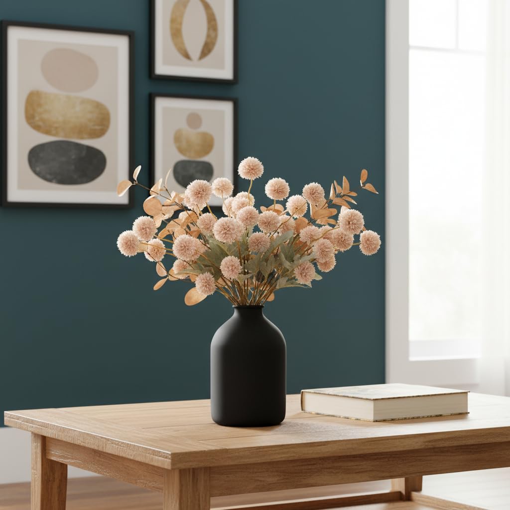 RyddeligHome Artificial Flowers for Vase - 12 Stems Beige Faux Silk Mums with Eucalyptus – Beige Black White/Pink/Purple