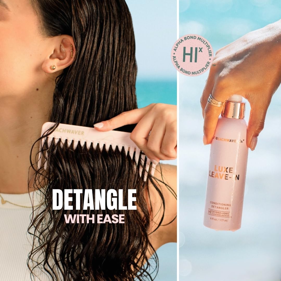 Beachwaver Luxe Leave-In Conditioning Detangler bottle, 6 fl oz, with sleek packaging and pump dispenser for smooth, manageable hair.