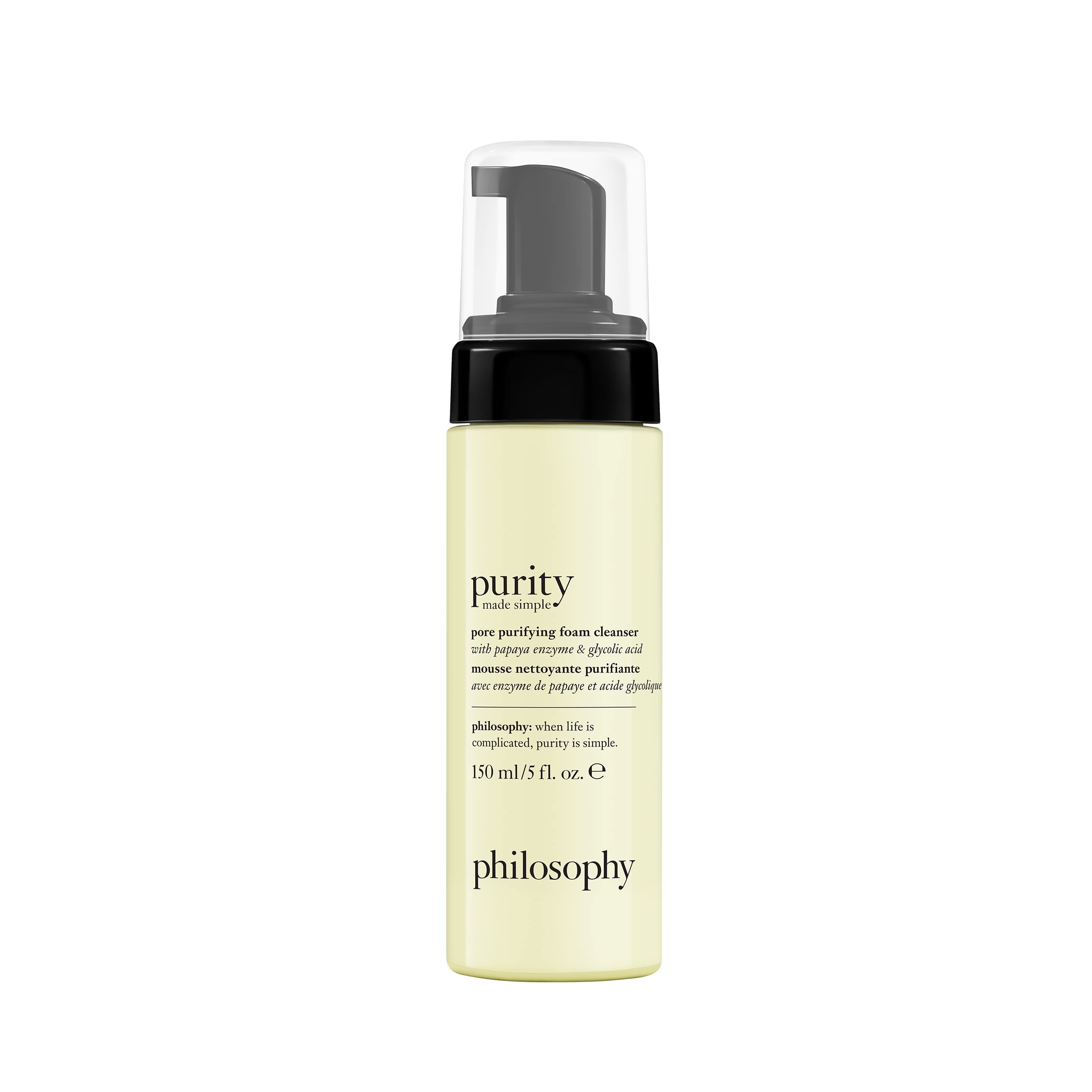 Philosophy Purity Made Simple pore purifying facial cleanser with papaya enzyme and glycolic acid, foaming face wash for clear skin.