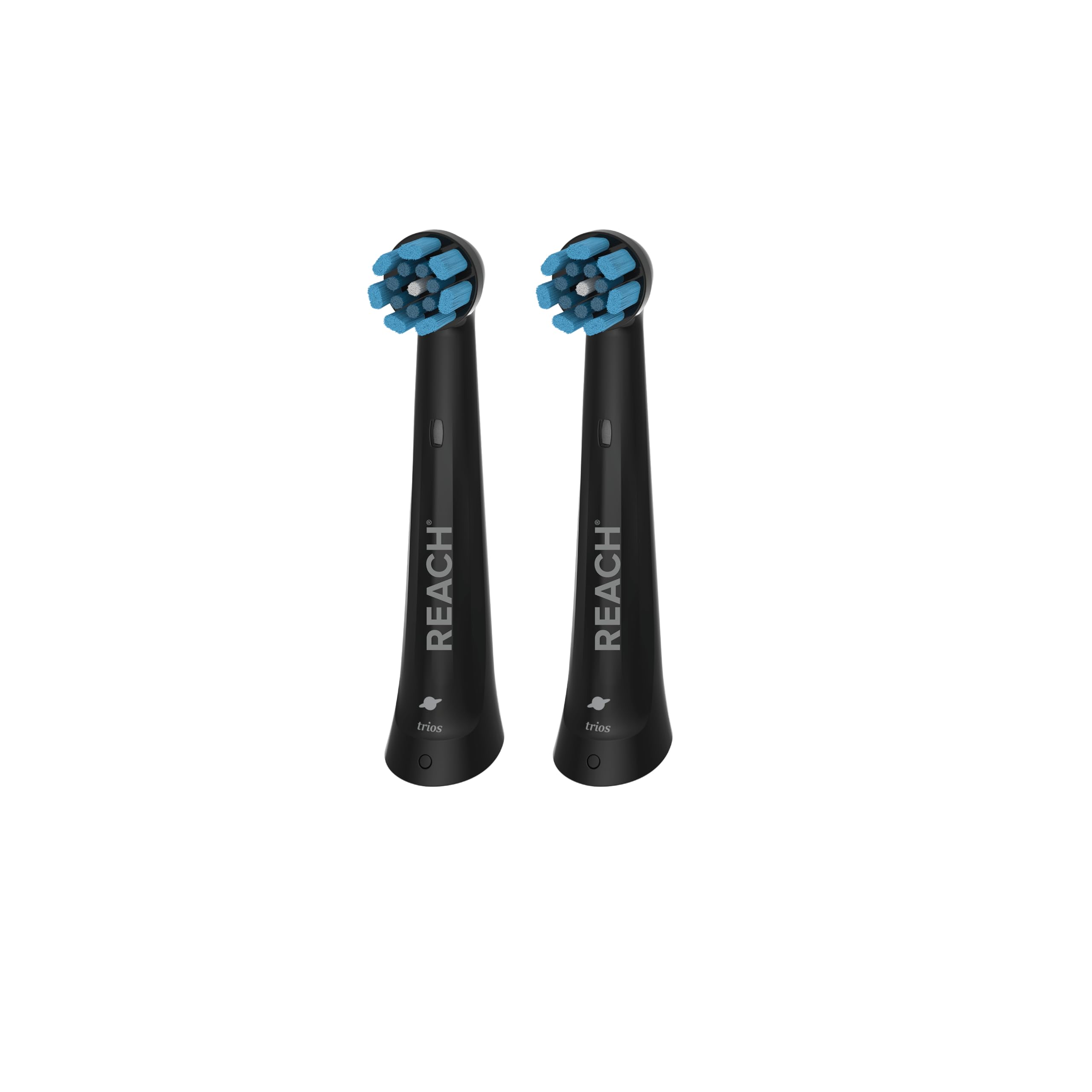 Reach Trios Sensitive replacement heads for Oral-B iO toothbrush, showing three toothbrush heads with soft bristles for gentle cleaning.