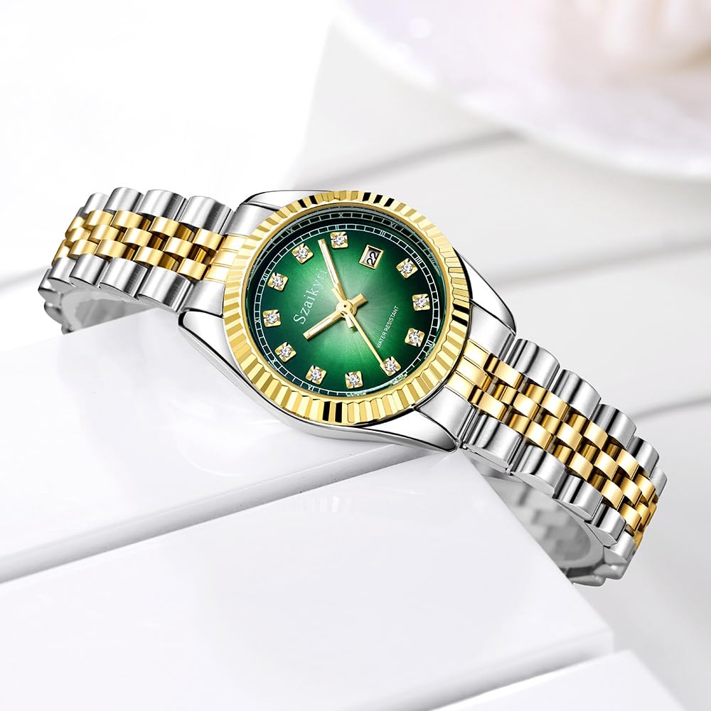 Szaikyri Classic Watch for Women with Solid Stainless Steel Band and Calendar Water Resistant – back view and specificat