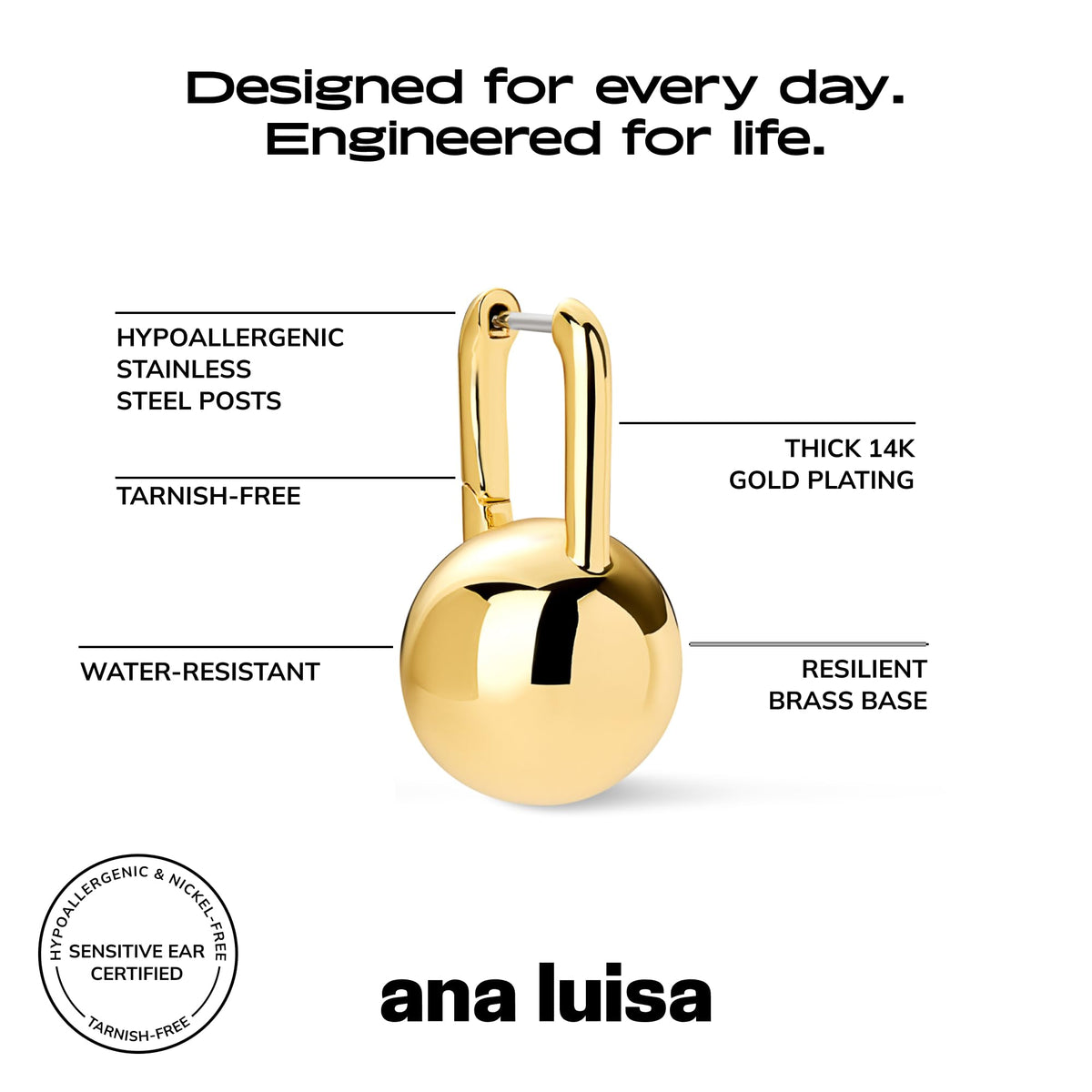 Ana Luisa Chunky Ball Earrings - 14K Gold Plated & Silver Rhodium Plated – packaging and label