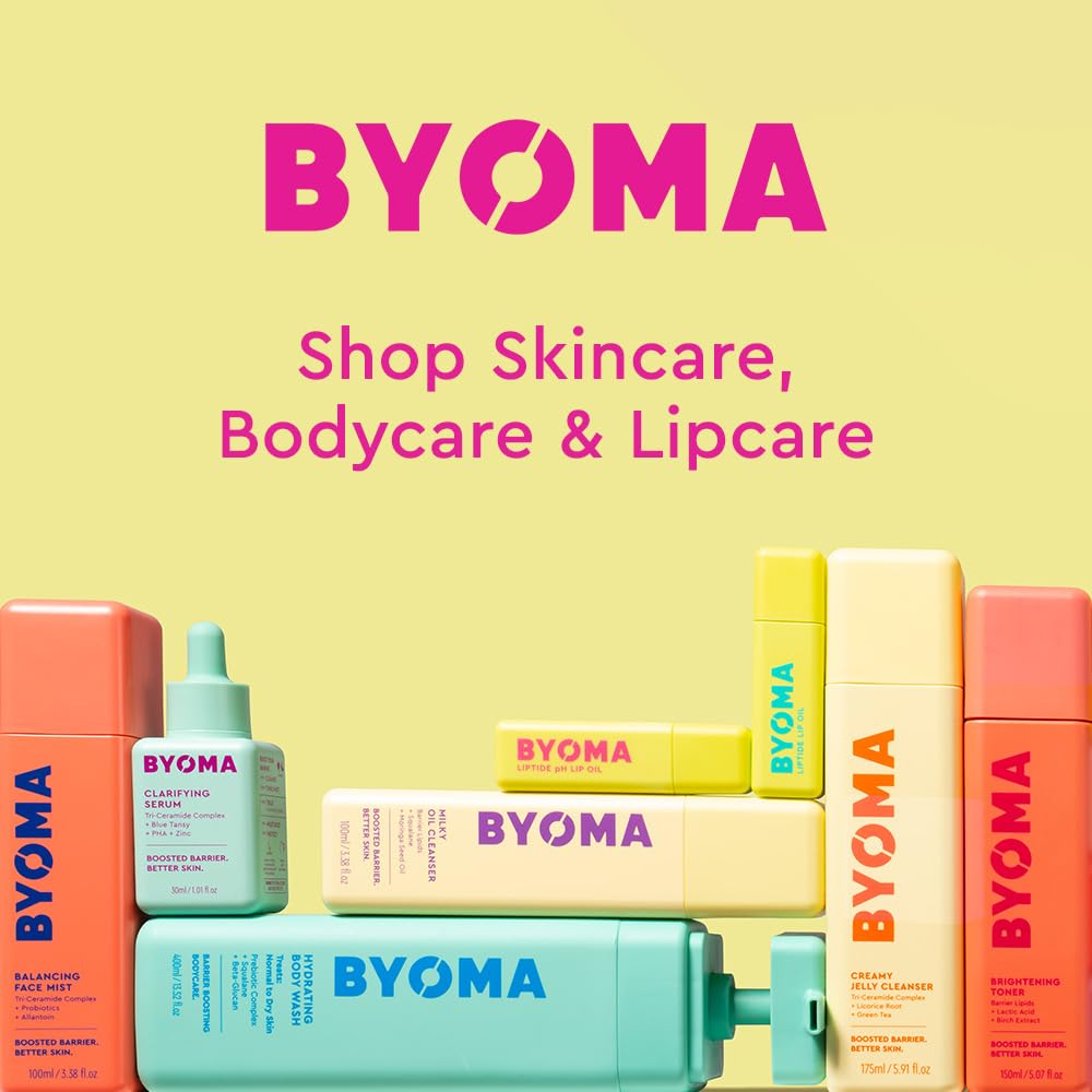 BYOMA Hydrating Body Wash, a skin cleaning agent, with a pump bottle showing the product label and clear liquid inside.