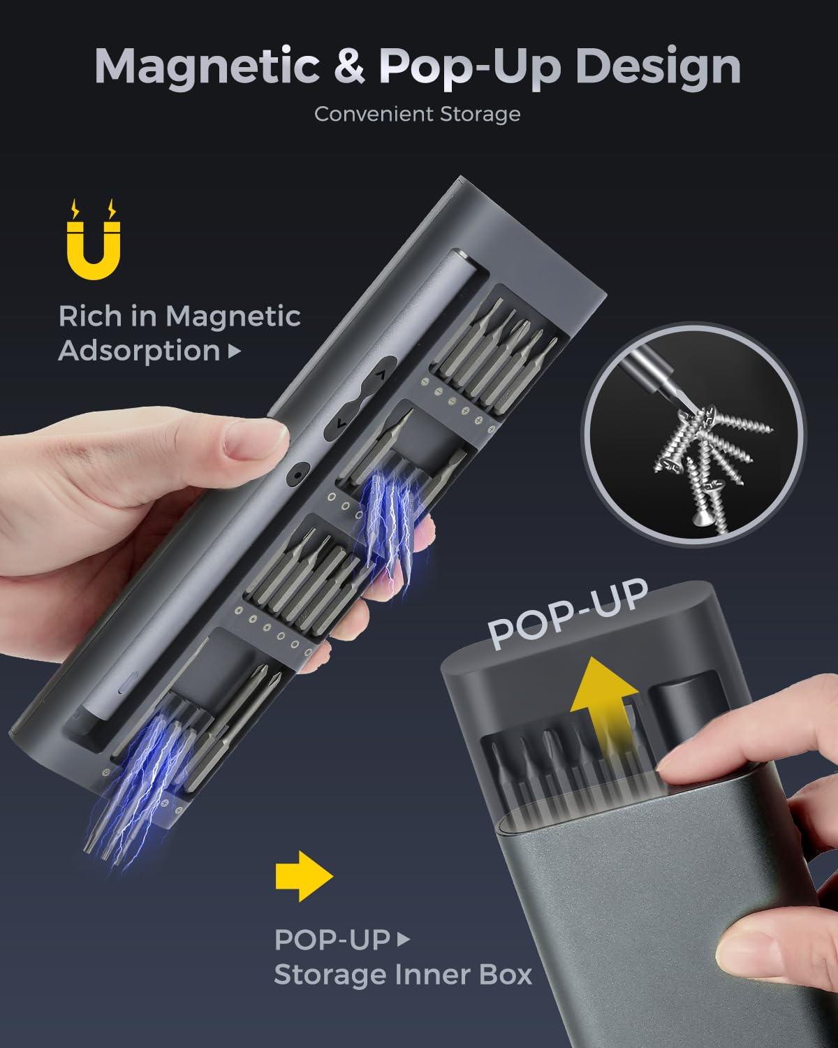 LIFEGOO Mini Electric Screwdriver Set 62-IN-1: Small Electric Screwdriver Cordless – back view and specifications