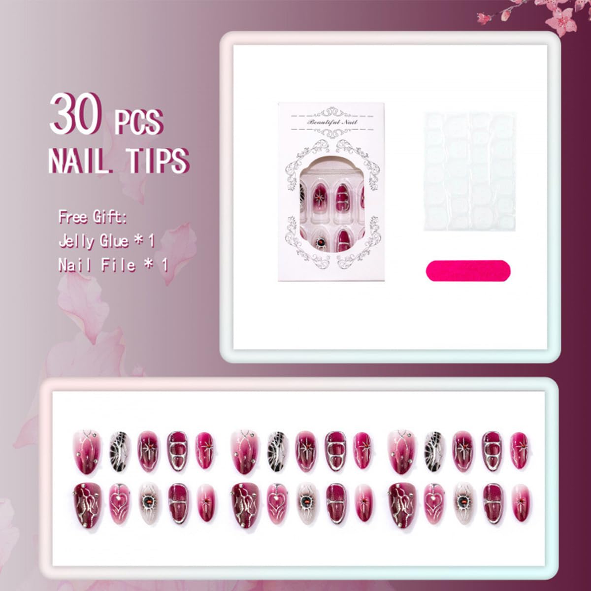 Gothic Press on Nails Medium Almond Dark Purple, Y2K Punk Fake Nails with Rhinestone Silver Star Design, Glossy Acrylic Full Cover False Nails, Cute Goth Stick on Nails Reusable Nails for Women 30Pcs