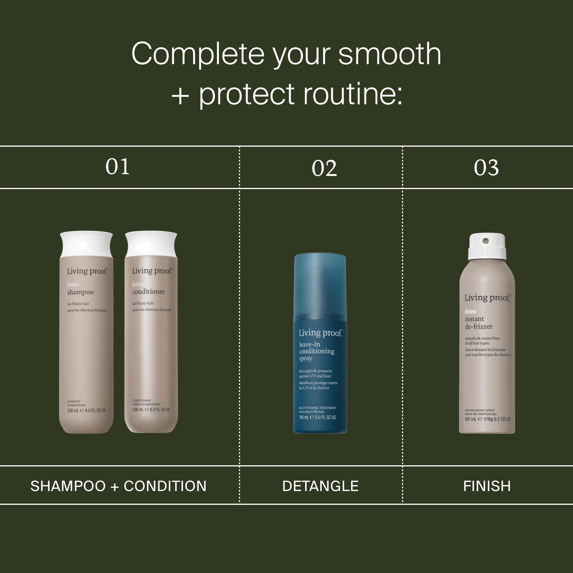 Living Proof No Frizz Shampoo for all hair types, 24 oz bottle, with a sleek white and blue packaging and a pump dispenser.