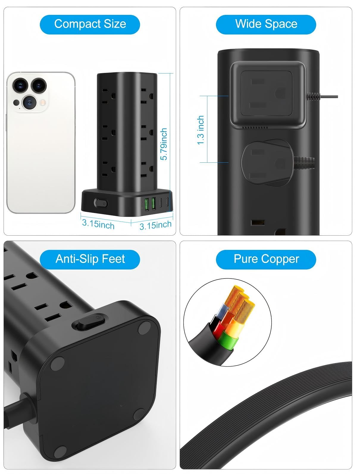 UWIWUTEI 6FT Power Strip Tower with Wireless Charger,Surge Protector with 12 Outlets – back view and specifications