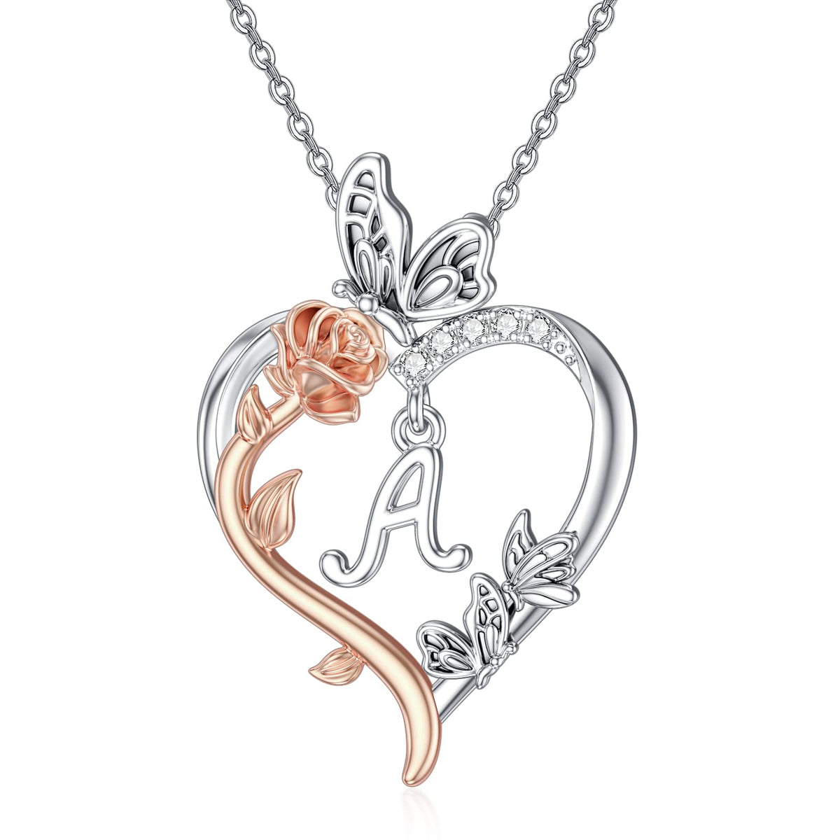 TOUPOP Gifts for Women Her 925 Sterling Silver Rose Heart Initial Necklace Butterfly Heart Jewelry Anniversary Birthday 