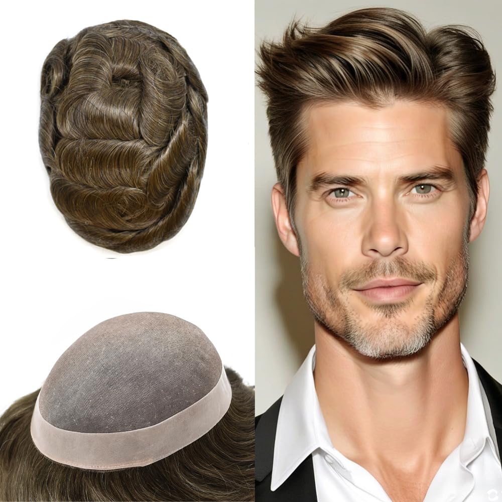 Curve Hair Mens Toupee Human Hair Piece Replacement System Monofilament Wig Hair Unit for Men Durable Poly Coated Mens Hairpiece (#520 Light-Med Brown+20% Gray, 8"X10")