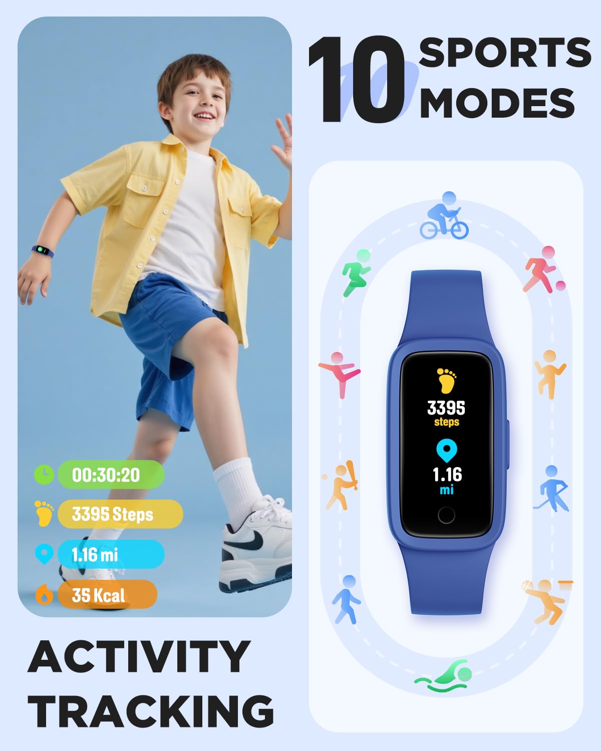 BIGGERFIVE Vigor Kids Fitness Tracker Watch AMOLED Screen, 3ATM Waterproof – close-up detail in Blue