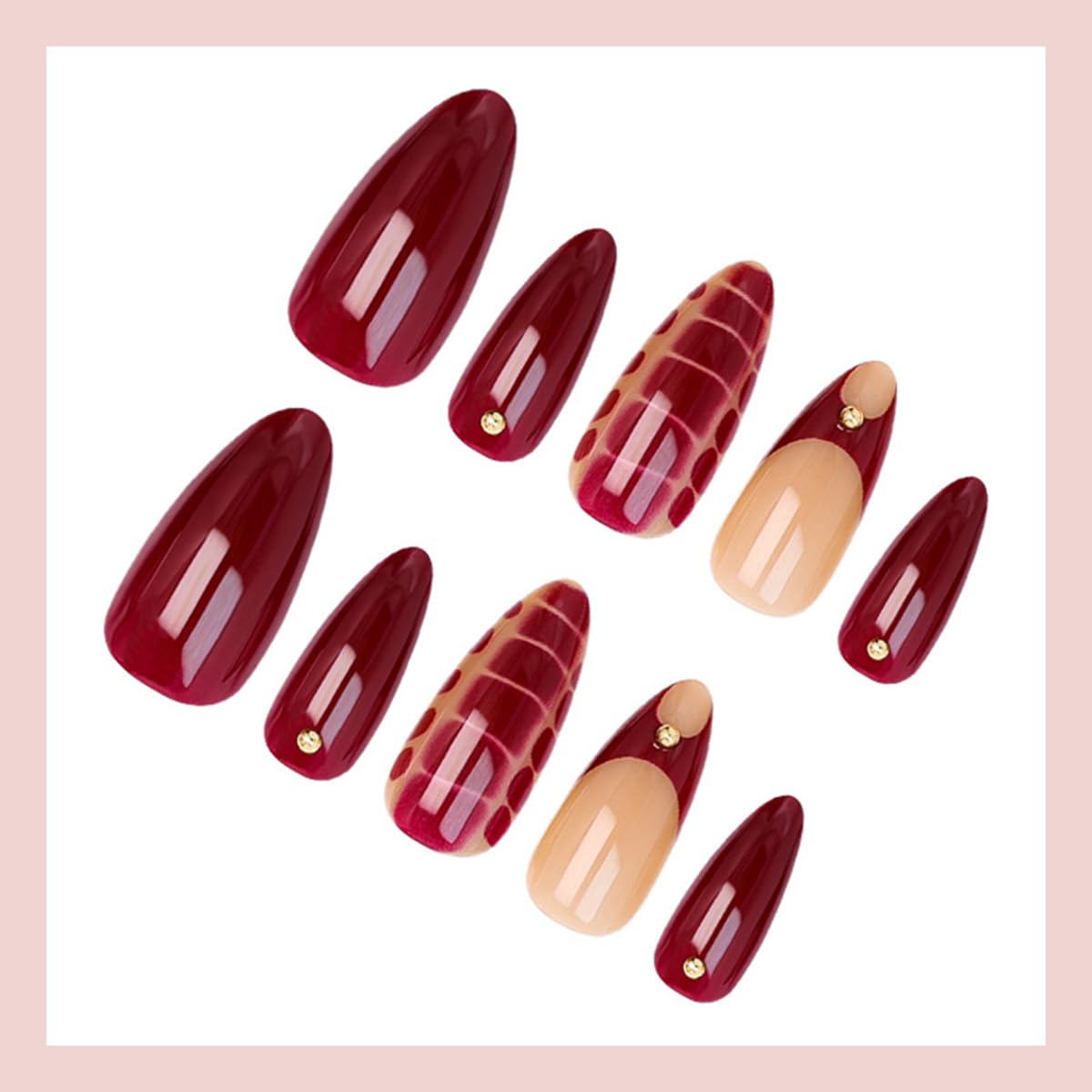 24Pcs Wine Red Press on Nails Medium Almond Fake Nails Press ons Nail Art Kit with Leopard Print Gold Beads Designs French Tips False Nails Full Cover Acrylic Stick on Nail for Women Manicure