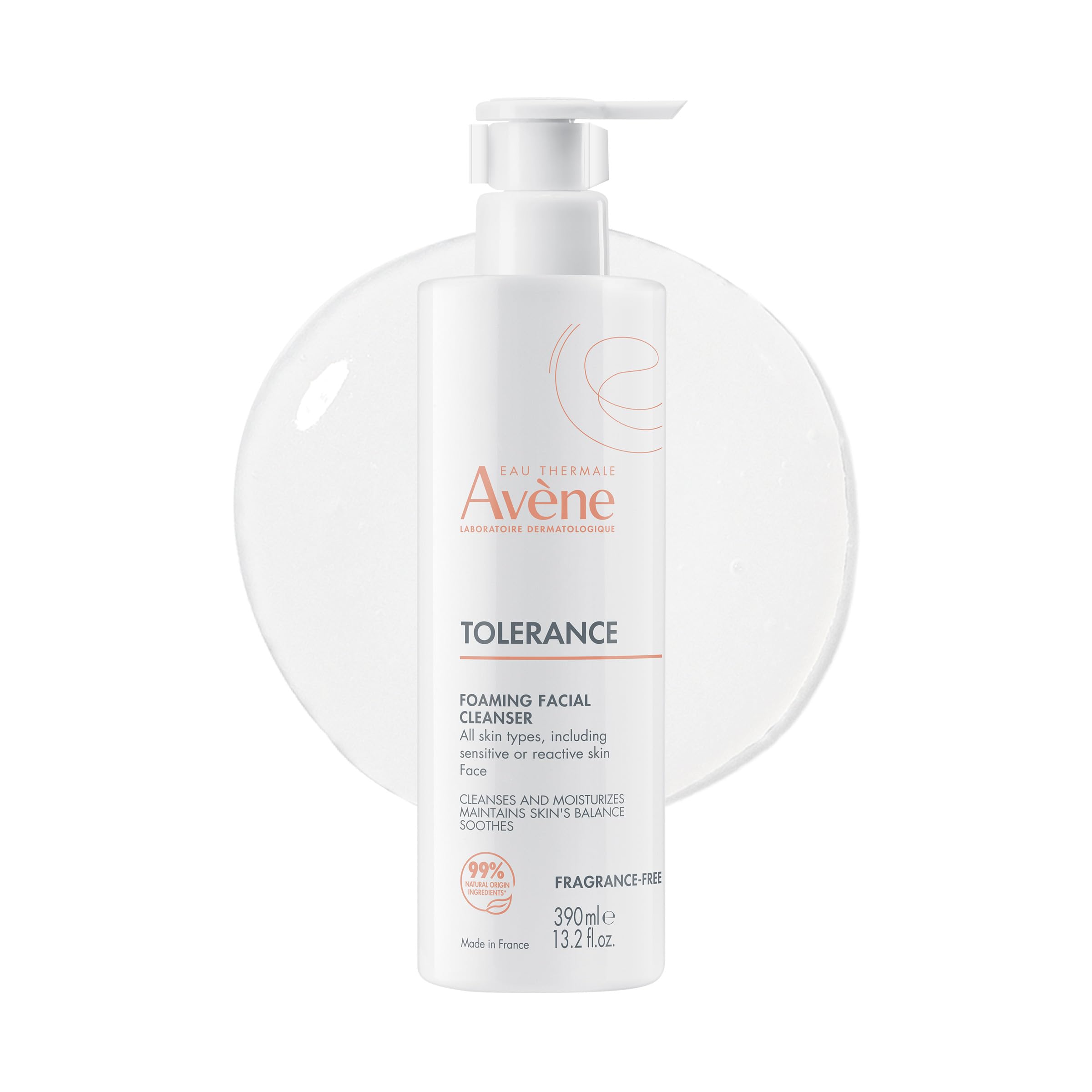 Avène Tolérance Gentle Foaming Facial Cleanser for sensitive skin in a 5 oz bottle, suitable for delicate skin types.