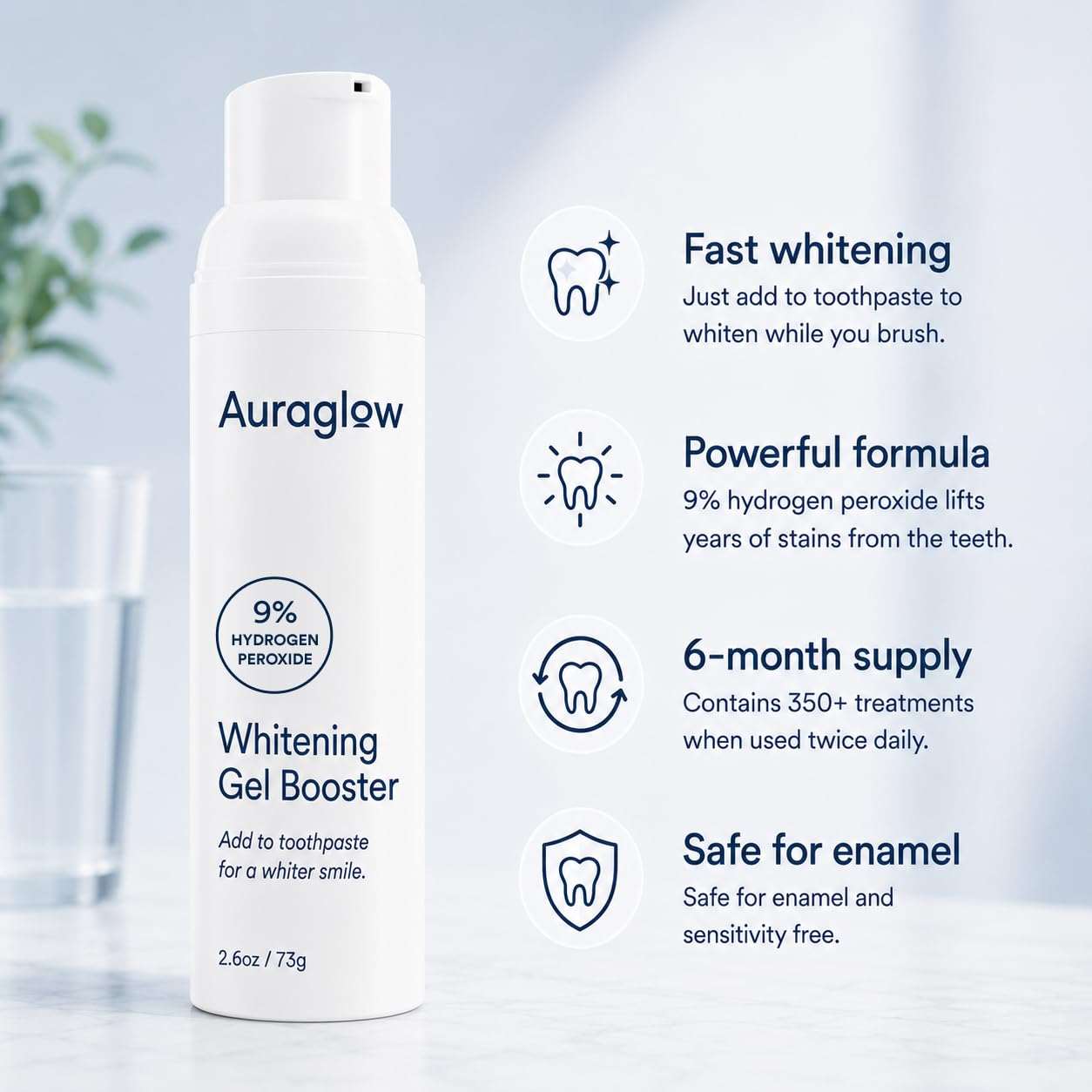 AuraGlow 9% hydrogen peroxide teeth whitening gel booster for at-home tooth whitening, shown in a 350-use bottle.