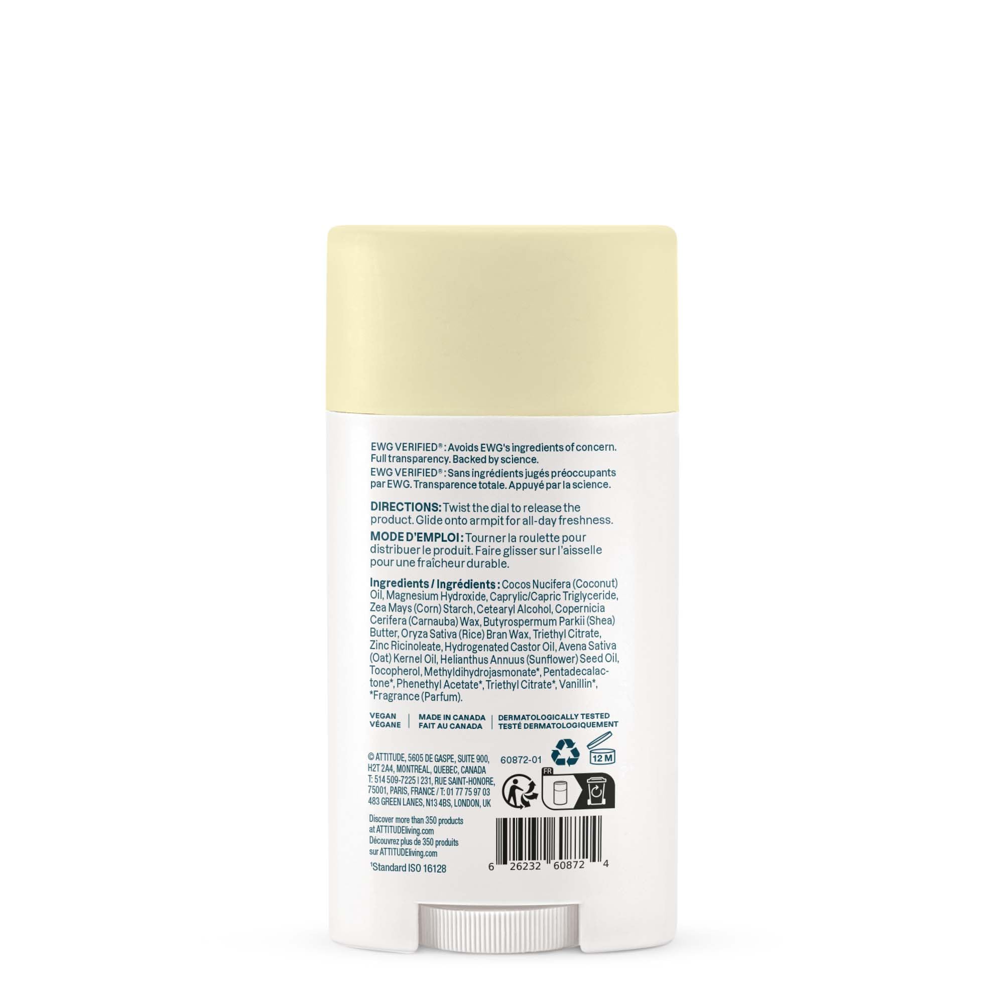 ATTITUDE Sensitive Natural Deodorant in Vanilla Cream, 2.64 oz, with a sleek container and creamy vanilla scent.