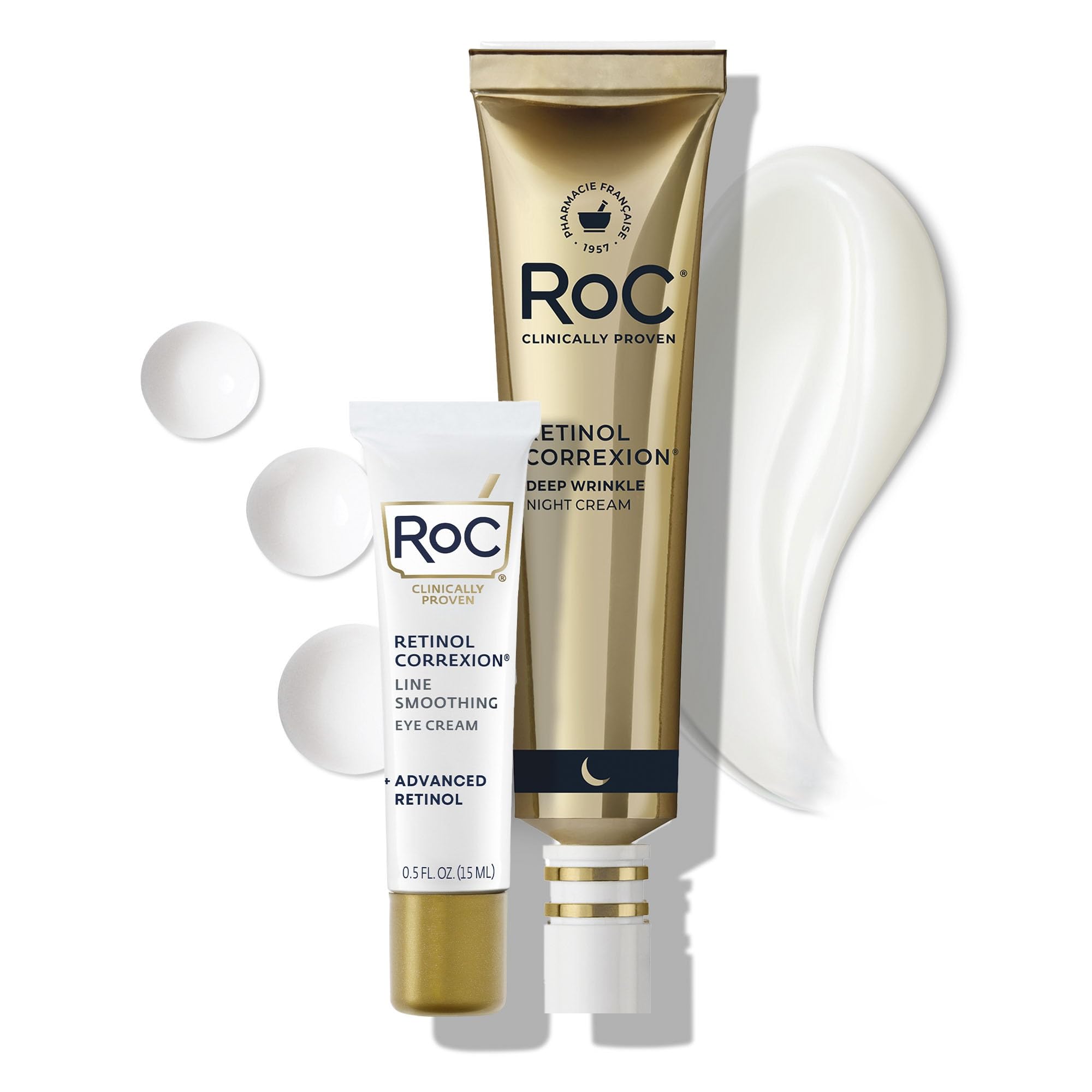 RoC Retinol Correxion deep wrinkle night cream and under eye moisturizer set in jars, skincare products for anti-aging.