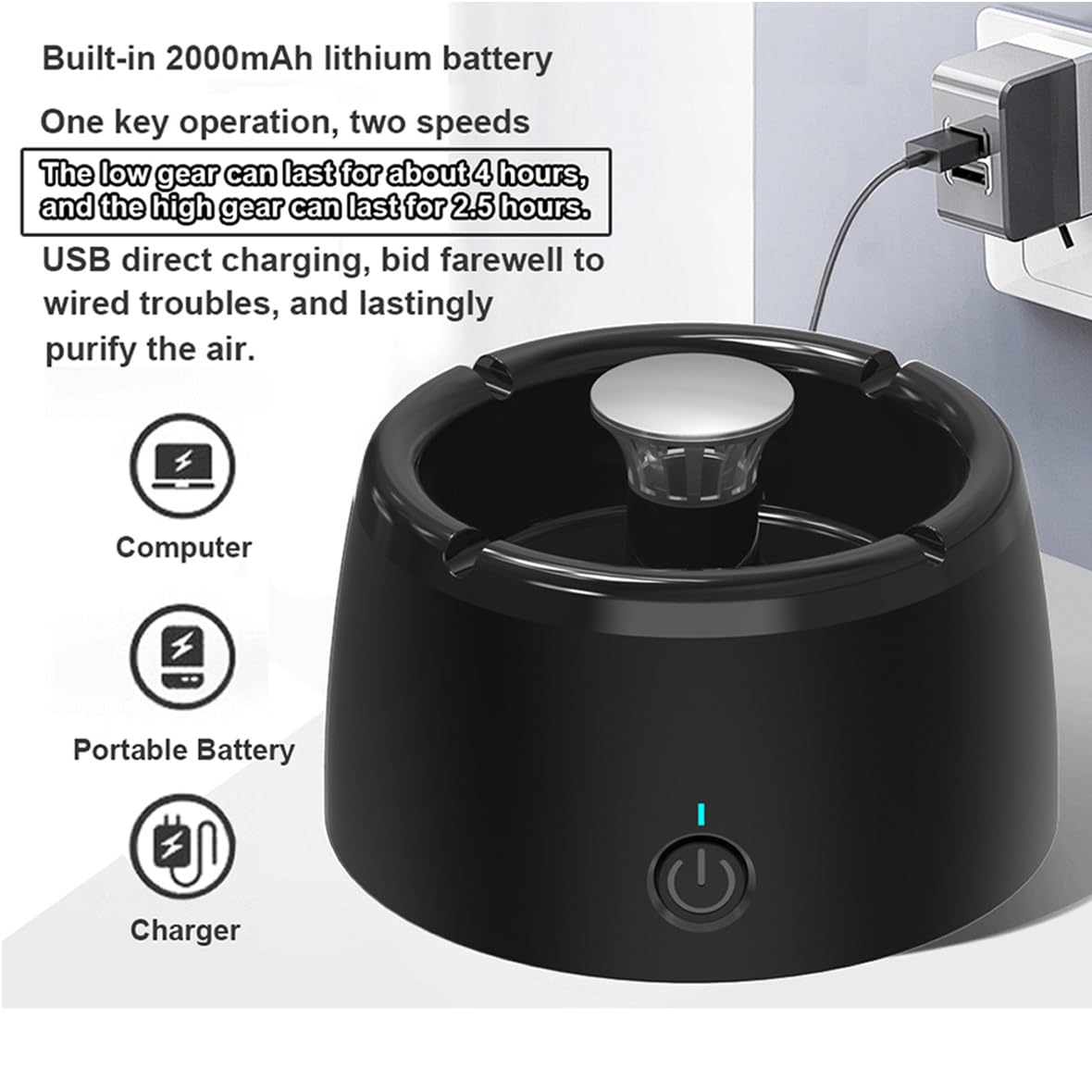 AJINIEHJ Smokeless Ashtray Smoke Removing Ash Tray Multifunctional 2 in 1 Smokeless Ashtrays Desktop USB Rechargeable Po