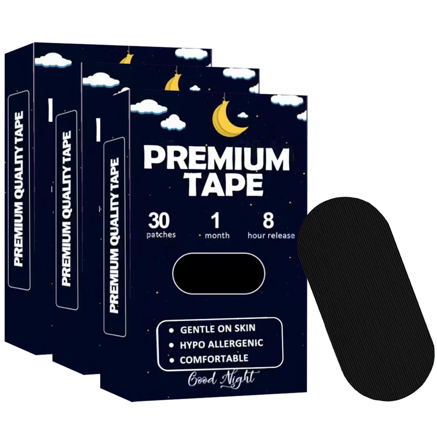 Black Mouth Tape for Sleeping (90 Pack) - Hypoallergenic Cotton - Product Imagery