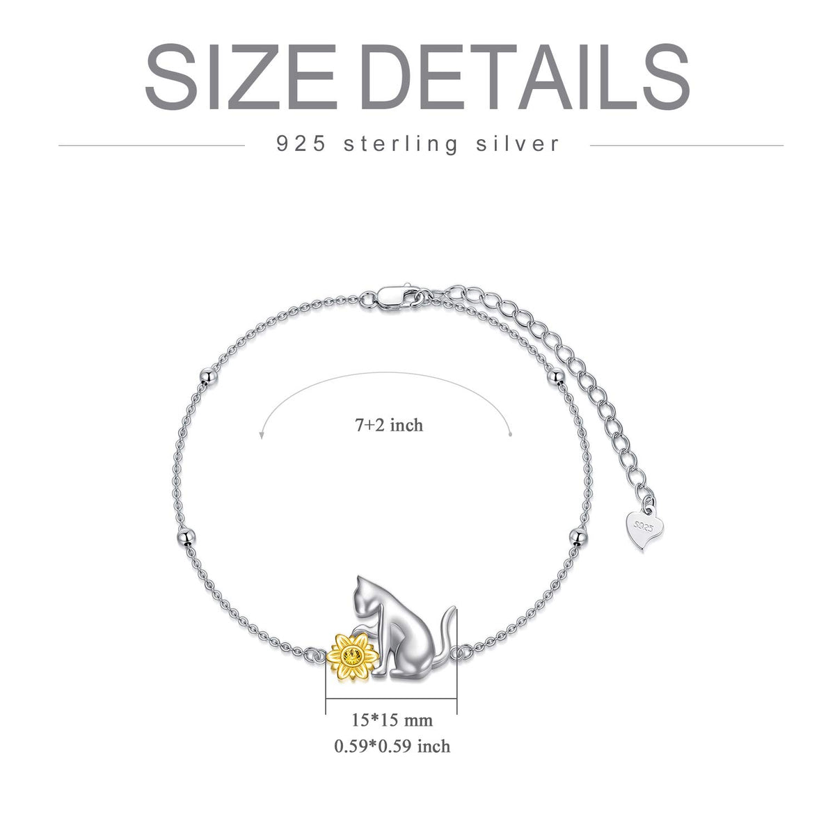 AOBOCO 925 Sterling Silver Cute Cat Kitty Bracelet Adjustable Link Chain, Cat Jewelry Gifts for Cat Lovers 7-9 inches – 