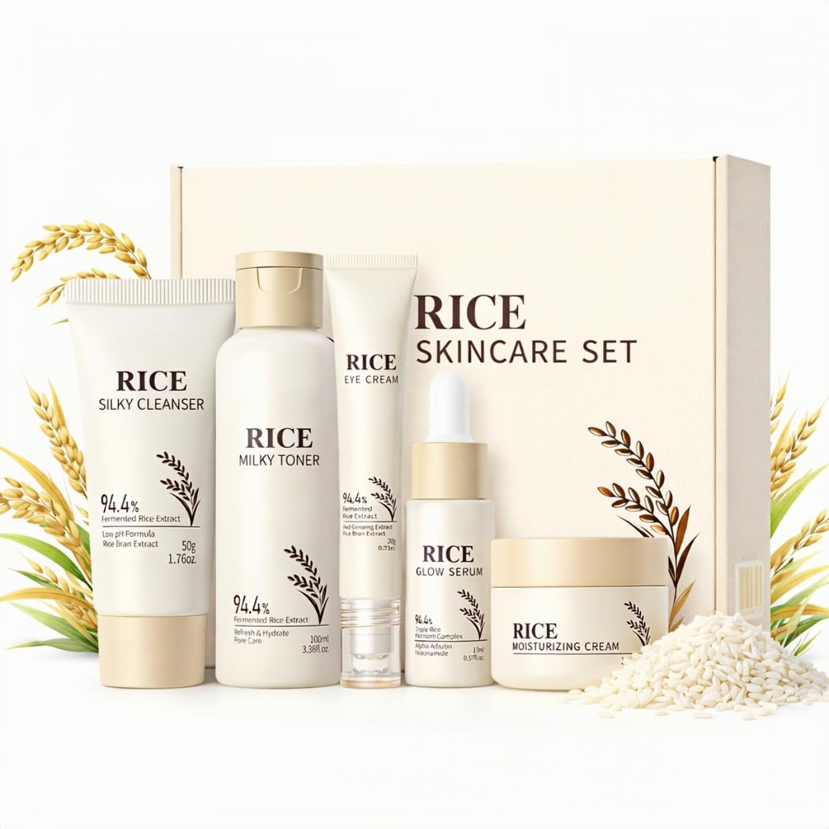 Korean Skin Care Set with Rice, 5-Step Facial Kit for Women - Product Imagery