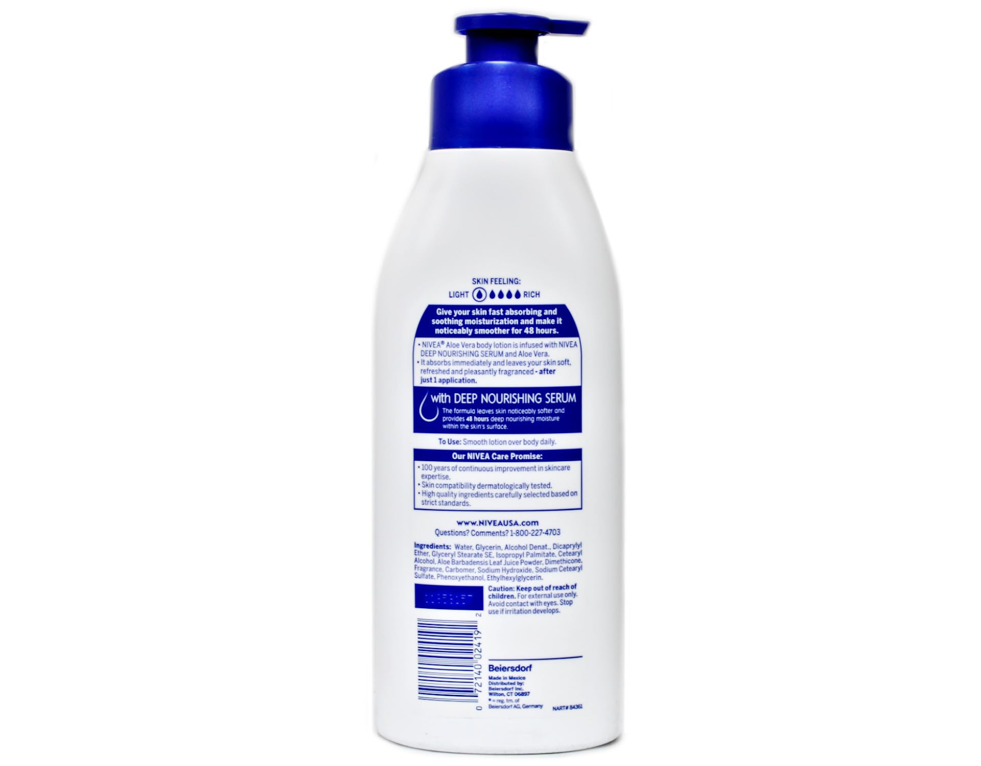 NIVEA Aloe Vera Body Lotion pump bottle, 16.9 oz, moisturizing skin moisturizer with aloe vera for 48-hour hydration.