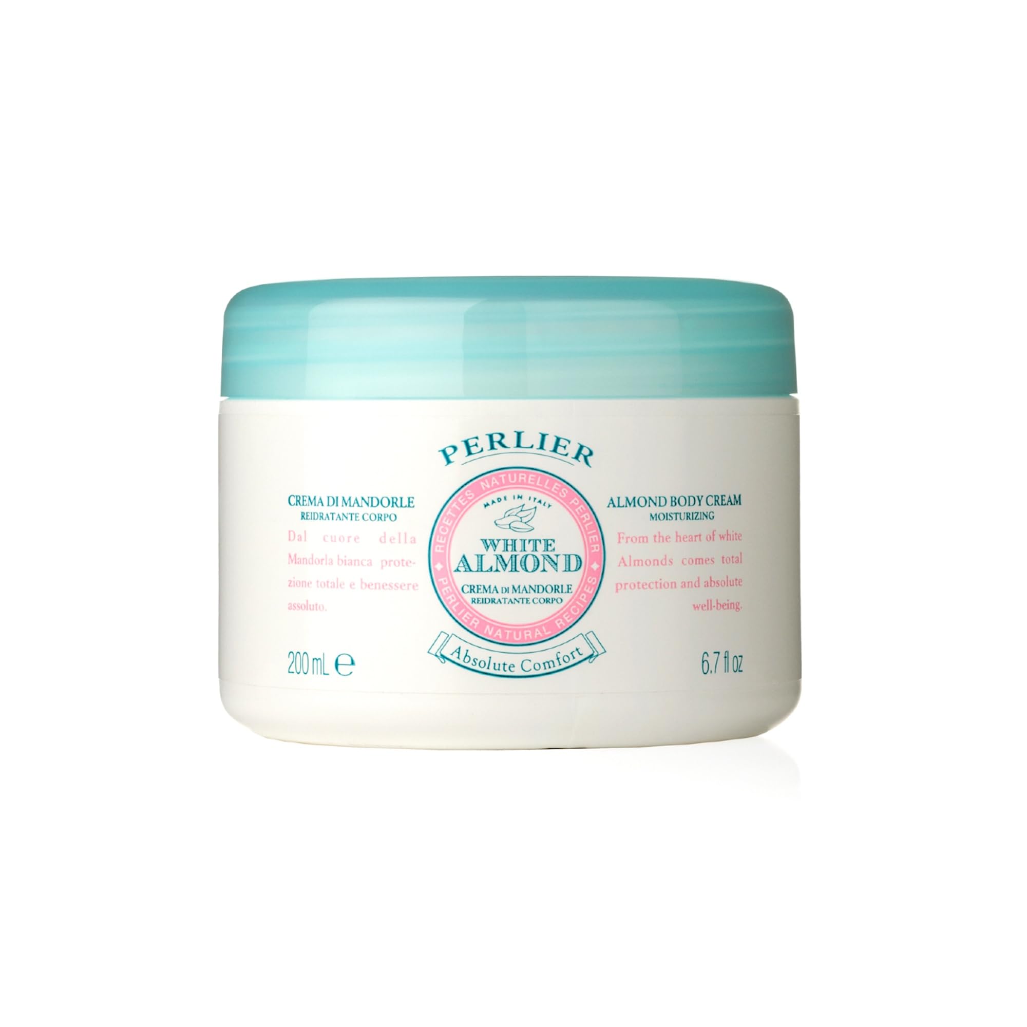 Perlier White Almond Body Cream with sweet almond oil in a 6.7 oz jar, showcasing smooth, creamy moisturizer for skin.