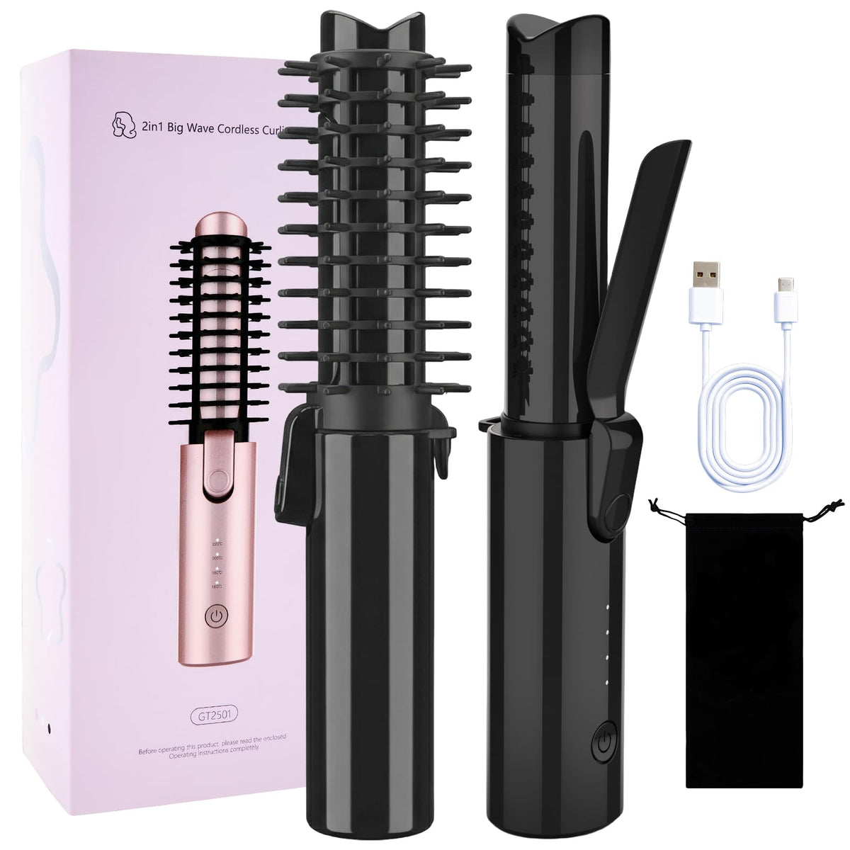 CAKKA Cordless Curling Iron Brush, 3-in-1 Travel Hair Curler Straightener Brush, 7000mAh Rechargeable Mini Curling Iron 