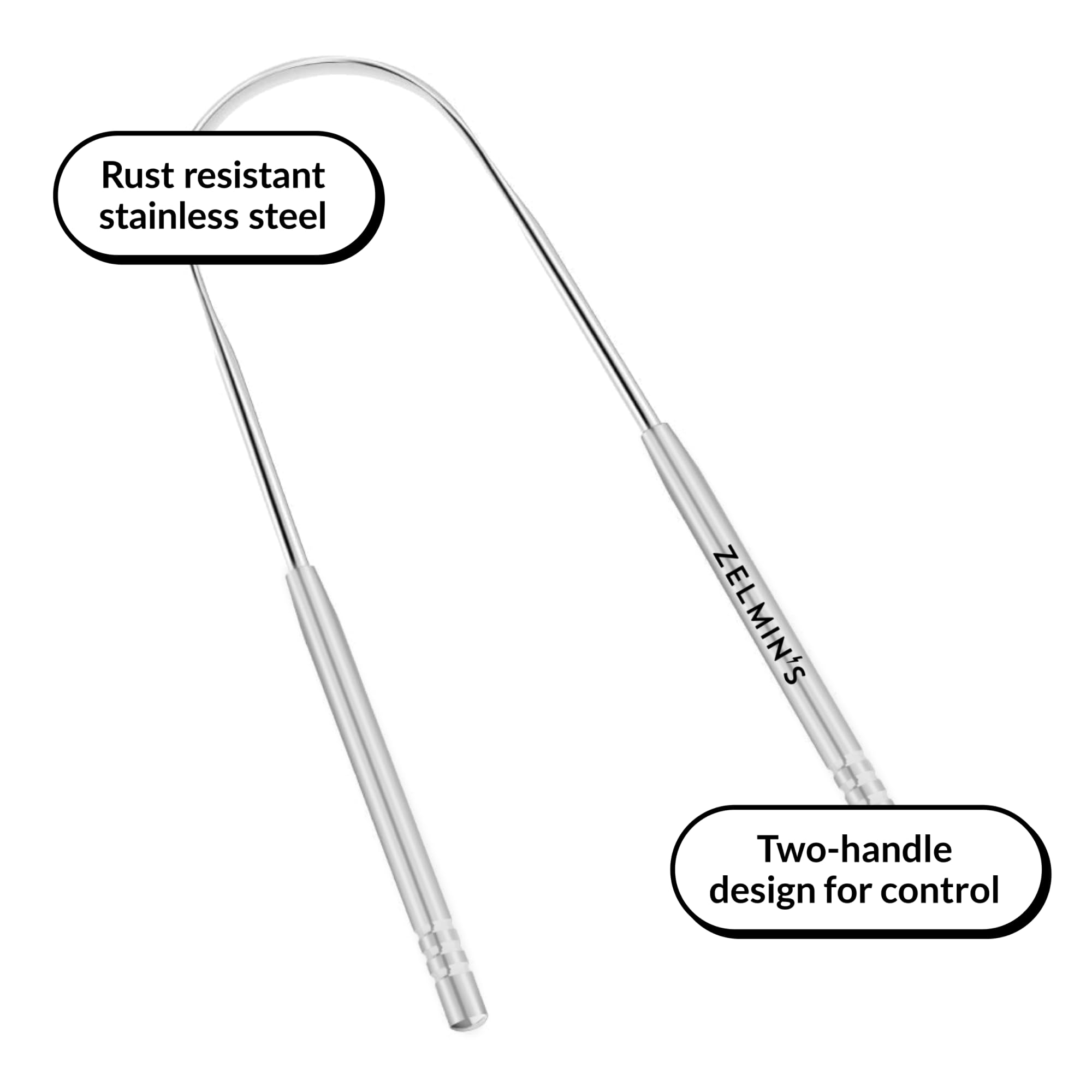 Zelmin's tongue scraper and breath freshening kit with stainless steel scraper and freshening spray for oral hygiene.