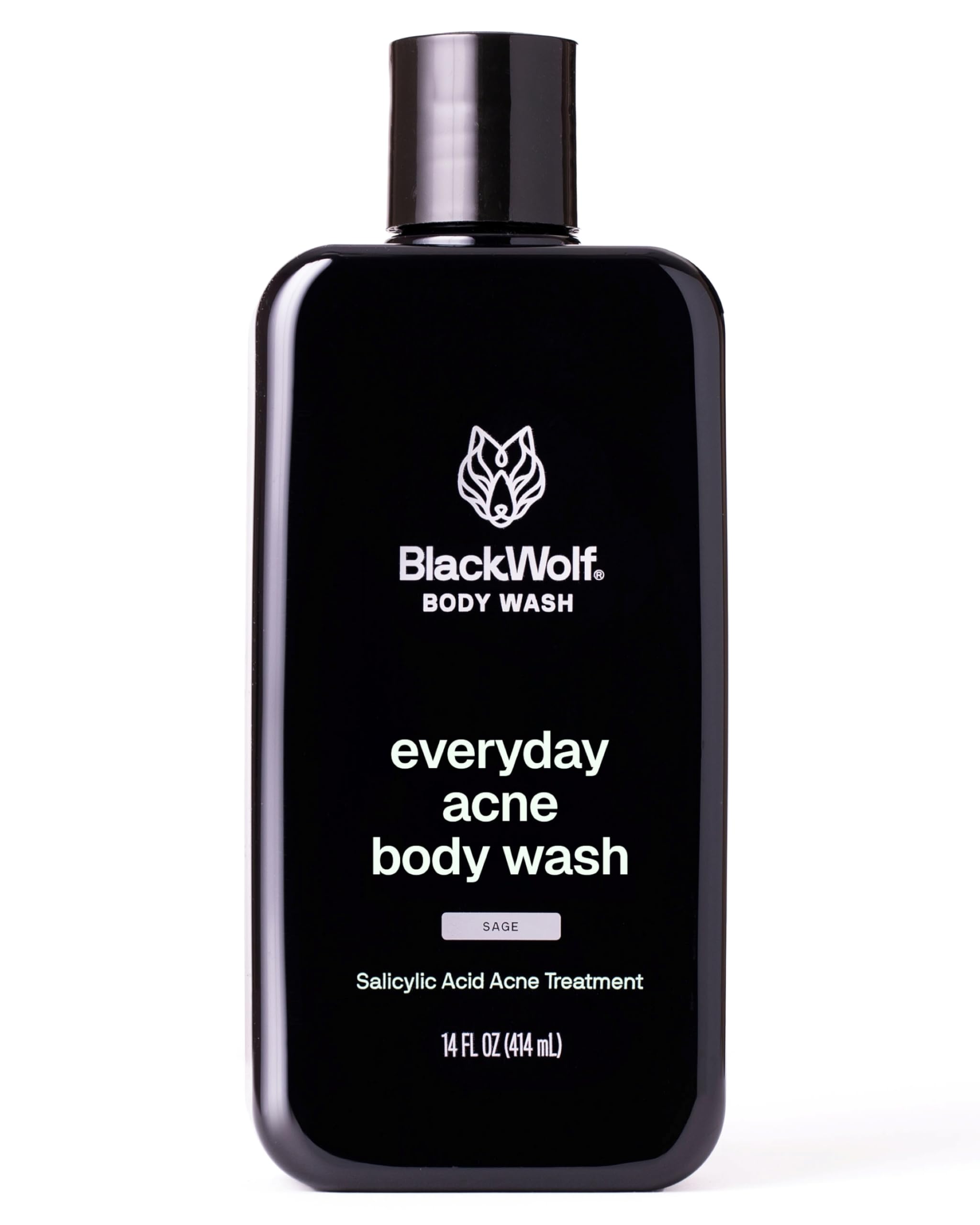 Black Wolf salicylic acid body wash for men, 14 oz, with acne-fighting properties, in a clear bottle with black and white label.