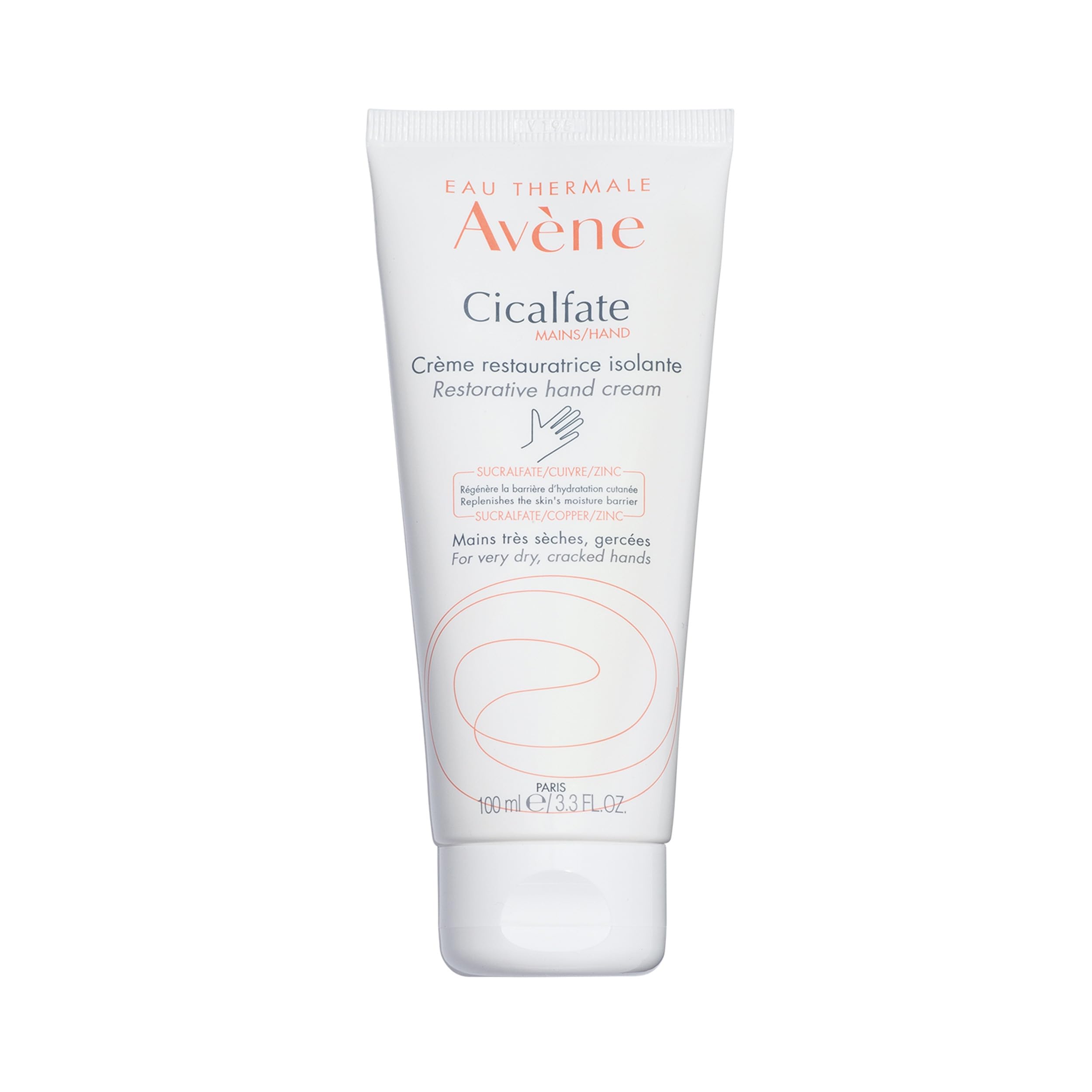 Avène Cicalfate Restorative Hand Cream in 3.3 oz tube, moisturizing and repairing dry, cracked skin with gentle formula.