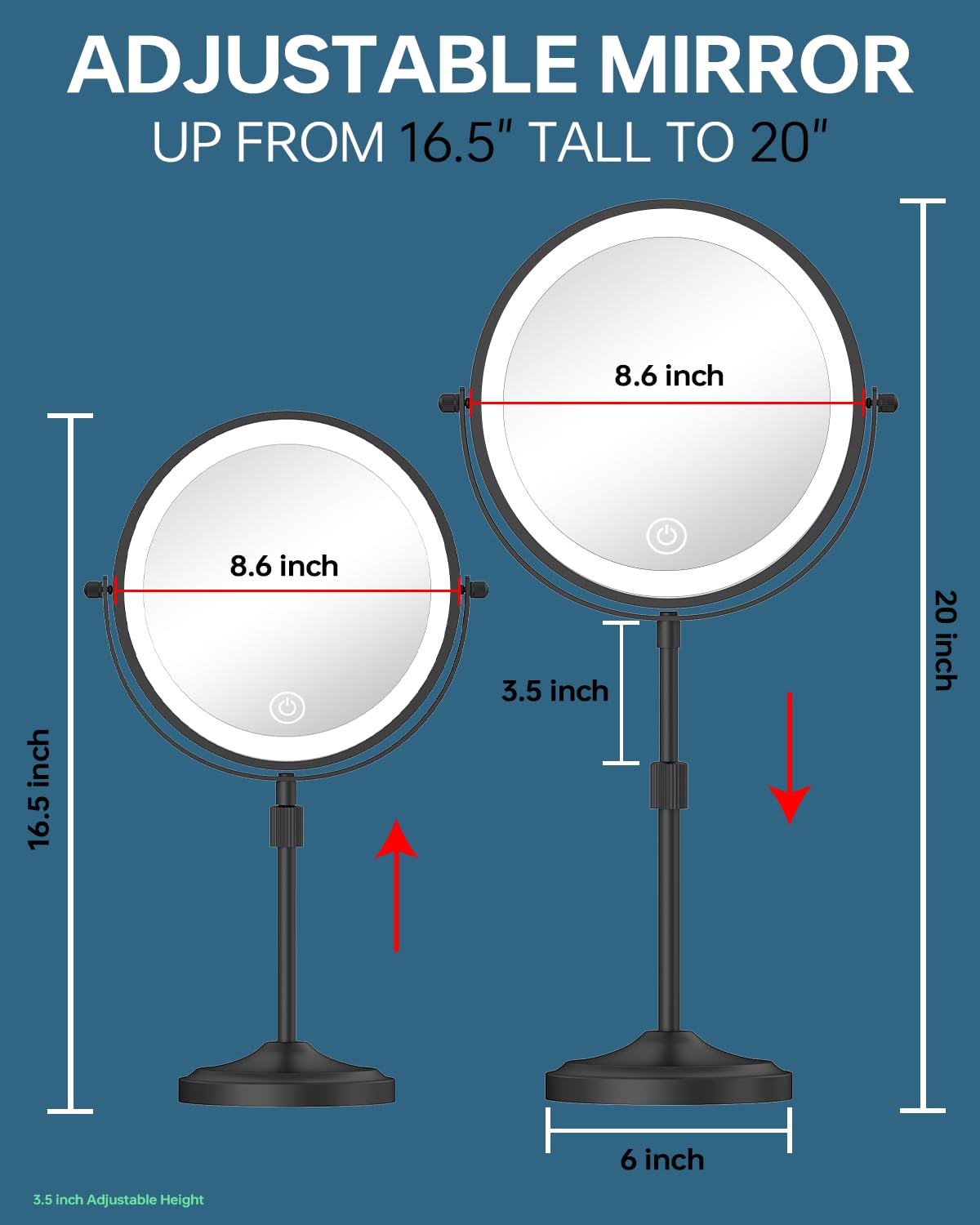 Erlingeryi 9" Tall Lighted Makeup Mirror with Lights and 1X 10X Magnification, Black – close-up detail in 10x Black
