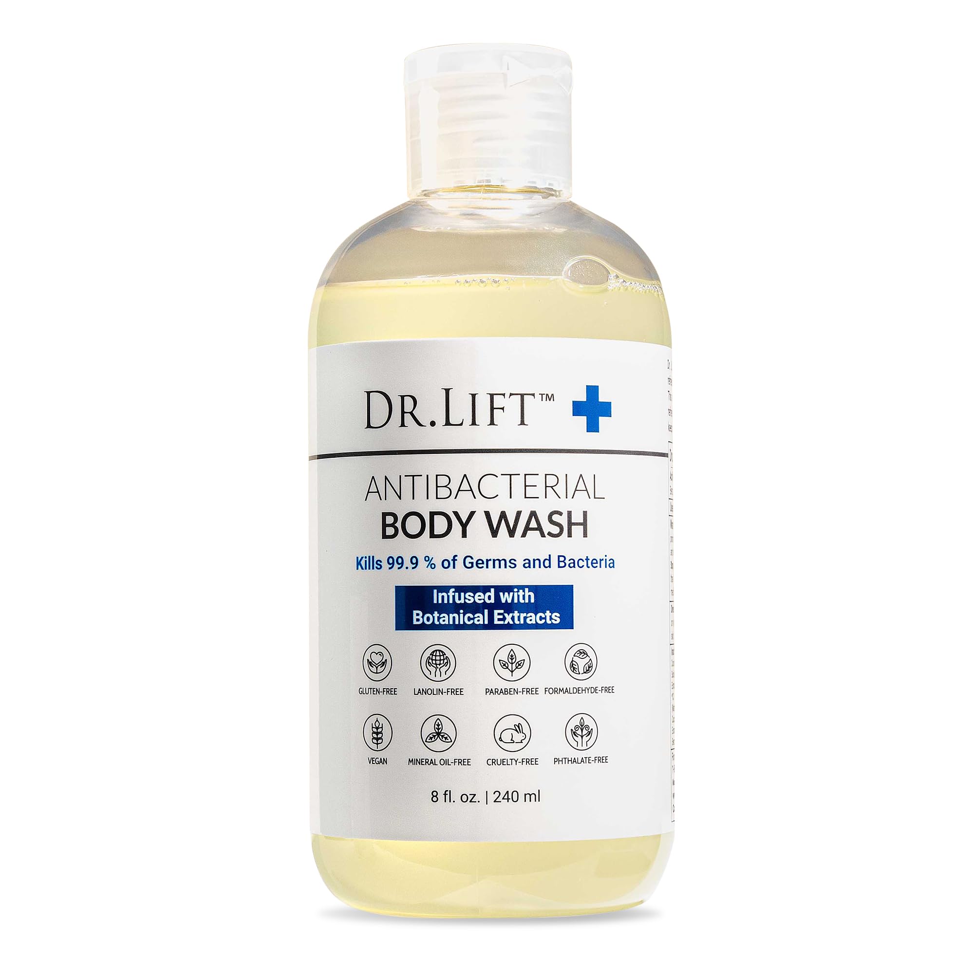 Dr. Lift antibacterial lemon body wash with spirulina in an 8 oz bottle, vegan skin cleansing agent with fresh lemon scent.