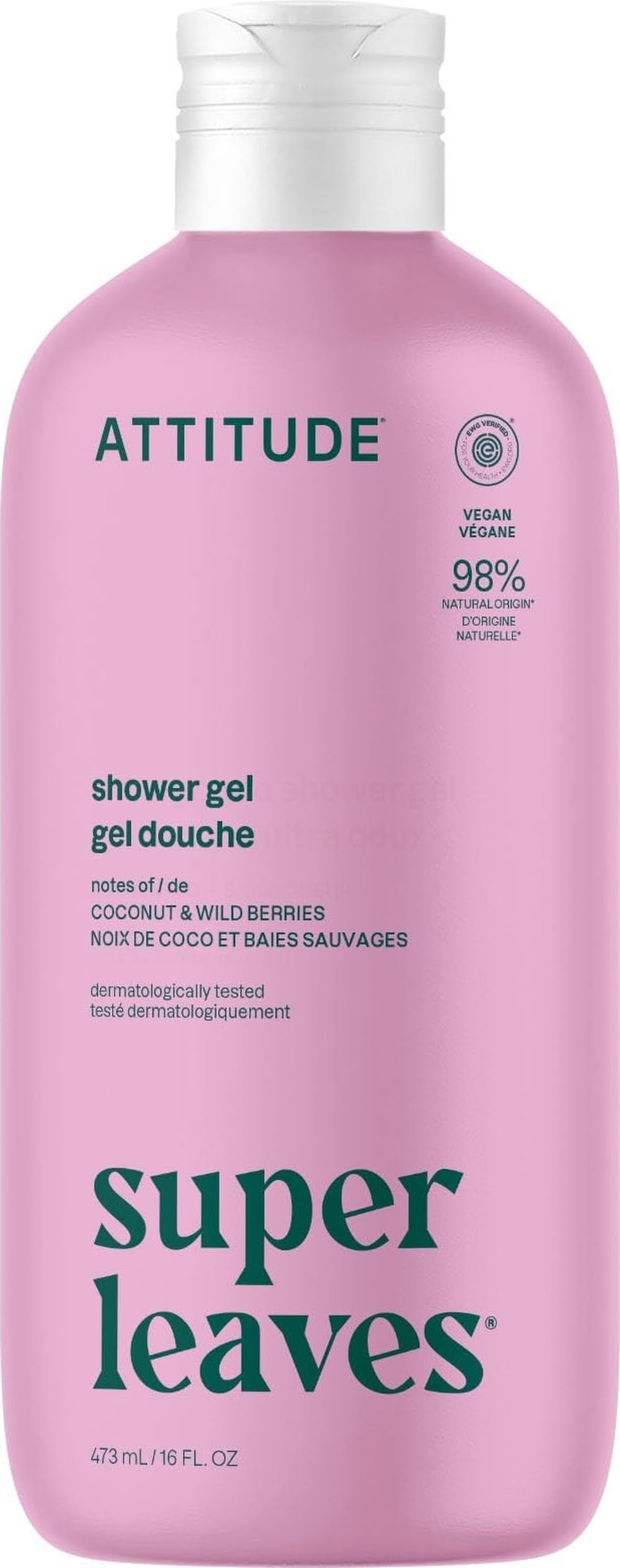 ATTITUDE Coconut & Wild Berries body wash in a 16 fl oz bottle, natural skin cleaning agent with tropical scent and vibrant packaging.