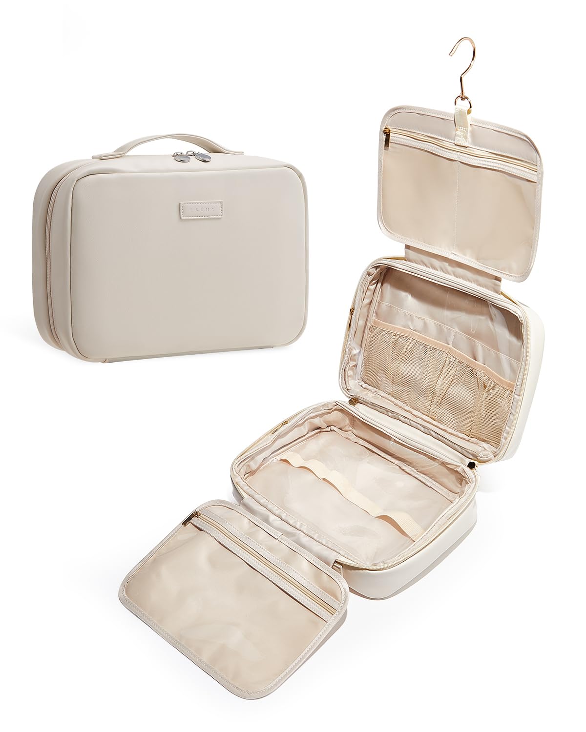 EACHY Toiletry Bag with Hanging Hook, Travel Makeup Bag PU Leather Cosmetic Bags for Women Make Up Organizer with 4 Comp